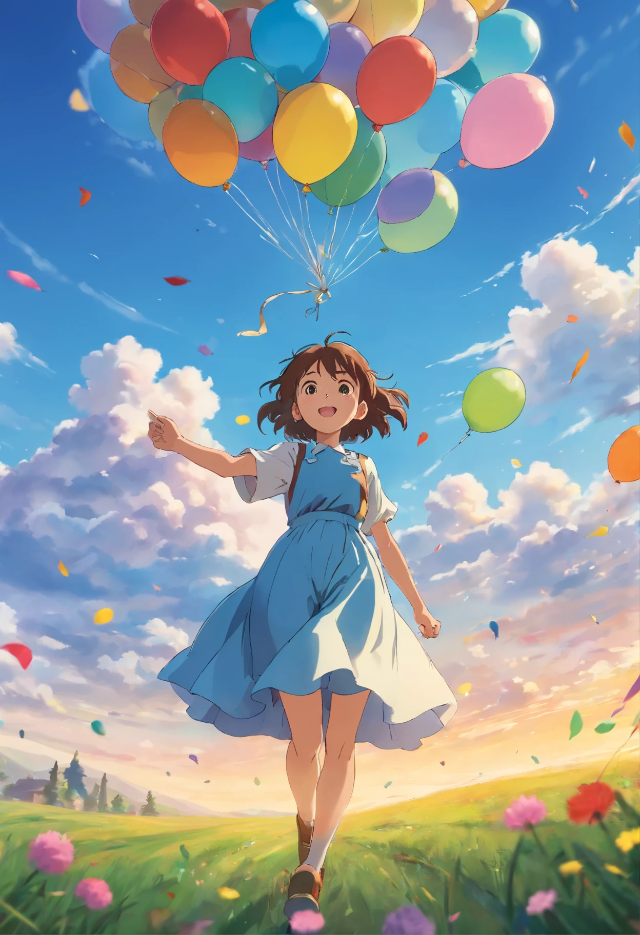 Beautiful girl with balloons、Colorful balloons floating in the air、pastures、dance、Holding a balloon、happiness、happiness、perfect quality、Be focused (messy home:0.8)、(masterpiece:1.2) (Realist:1.2) (Bokeh) (Top quality) (detailed skin:1.3) (Intricate details) (8k) (Eye for detail) (sharp focus), (Happy)