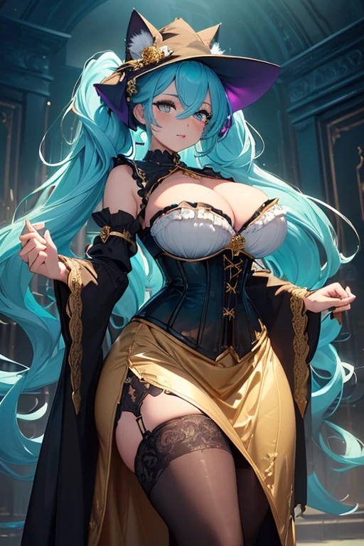 ((masterpiece)), (best quality:1.7), (detailed:1.4), (high res:1.4), 8k, (colorful:1.5), high resolution, sharped image, 4k, hd, (beautiful detailed background:1.2), (beautiful lighting:1.2), (highly detailed:1.2), perfect lighting, (8k wallpaper:1.2), (highly detailed:1.2), (extremely detailed CG:1.2), ((long turquoise twintails with ribbons)), (hair bangs covering one eye), ((only turquoise hair)), ((large chest)), (((busty))), curvy figure, (((royal gold eyes))), ((modest witch outfit with a corset and long skirt)), (long skirt), body stocking, stockings, ((fluffy cat ears and cat tail)), mature, older, (cat girl), adult, tall, fullbody
