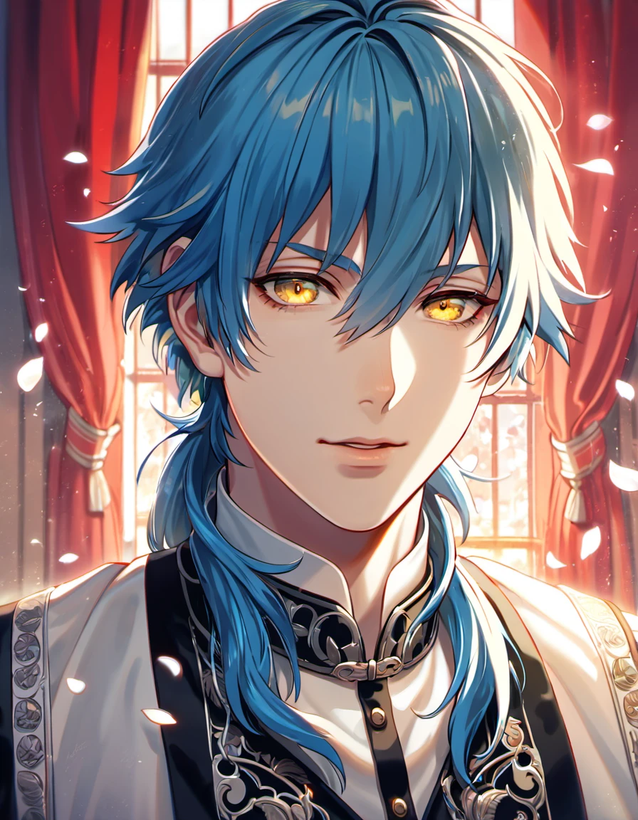 absurdres, highres, ultra detailed, HDR, master piece, best quality, perfect face, delicate features, beautiful eyes, Seragaki Aoba, blue hair, expressive yellow eyes, Dramatical Murder, solo, man, handsome, fantasy black and white clothes, red curtains, window, petals