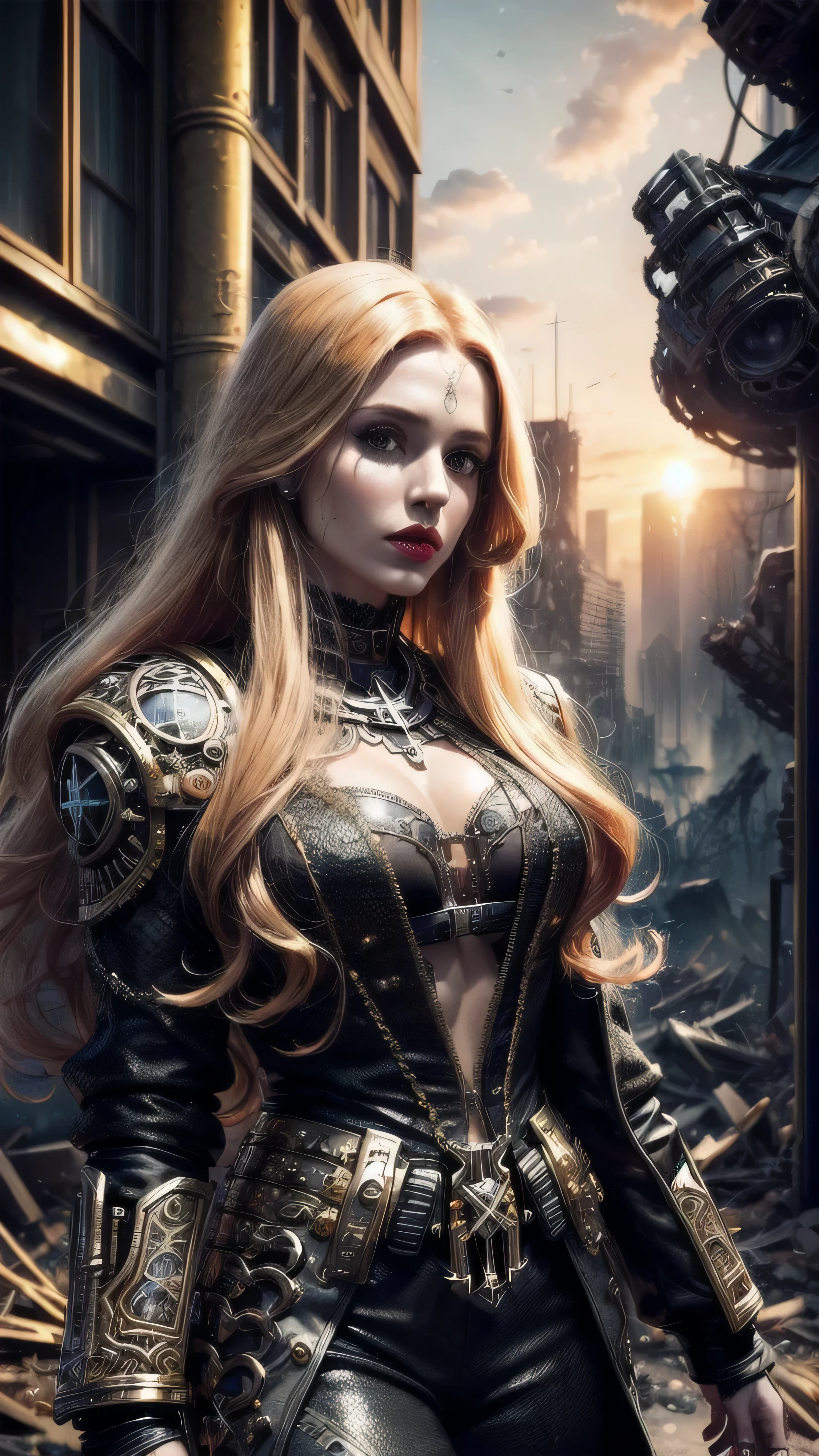 (masterpiece), (((extremely intricate:1.3))), (realistic), girl, (((long curly [blonde hair:bright ginger hair:0.5], (([flat chest:medium breasts:0.8])), upper body, ((makeup:1.6, perfectchainmail, gold clockwork, black jacket), red lips, bright sunlight, sunset, tattoo:1.4, silk shirt)))), outdoors, metal reflections, professional photograph, sharp focus, dramatic, award winning, cinematic lighting, volumetrics dtx, (film grain, blurry background, blurry foreground, bokeh, depth of field), 8K BREAK, ((((futuristic apocalyptic city destroyed, faraway Warhammer Imperitor Titan))))