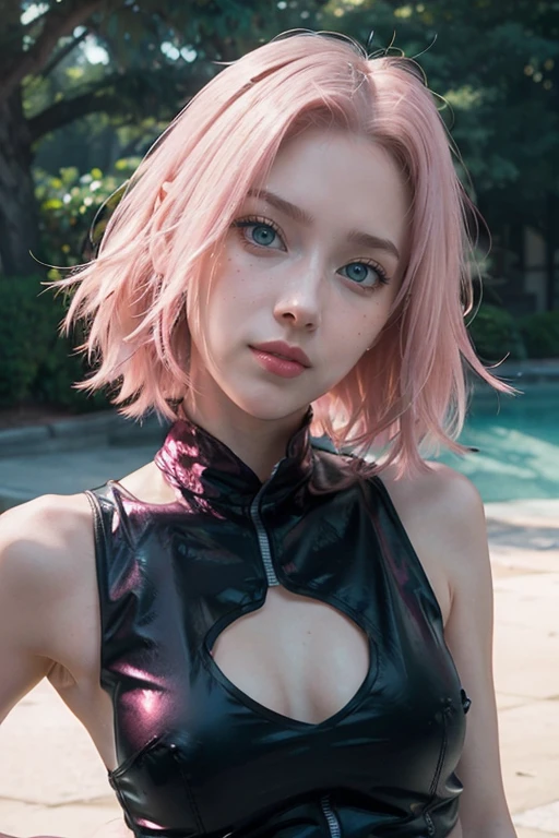 young woman, short shoulder-length pink hair, wide forehead, porcelain skin, pink eyebrows, big emerald green eyes, buttoned nose, full lips, heart-shaped face, slender body, small breasts, red tank top, Sakura Haruno , realistic, realism, details, 3d, well detailed
