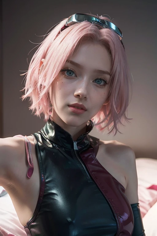young woman, short shoulder-length pink hair, wide forehead, porcelain skin, pink eyebrows, big emerald green eyes, oned nose, full lips, heart-shaped face, slender body, small bread tank top, Sakura Haruno , realistic, realism, details, 3d, well detailed