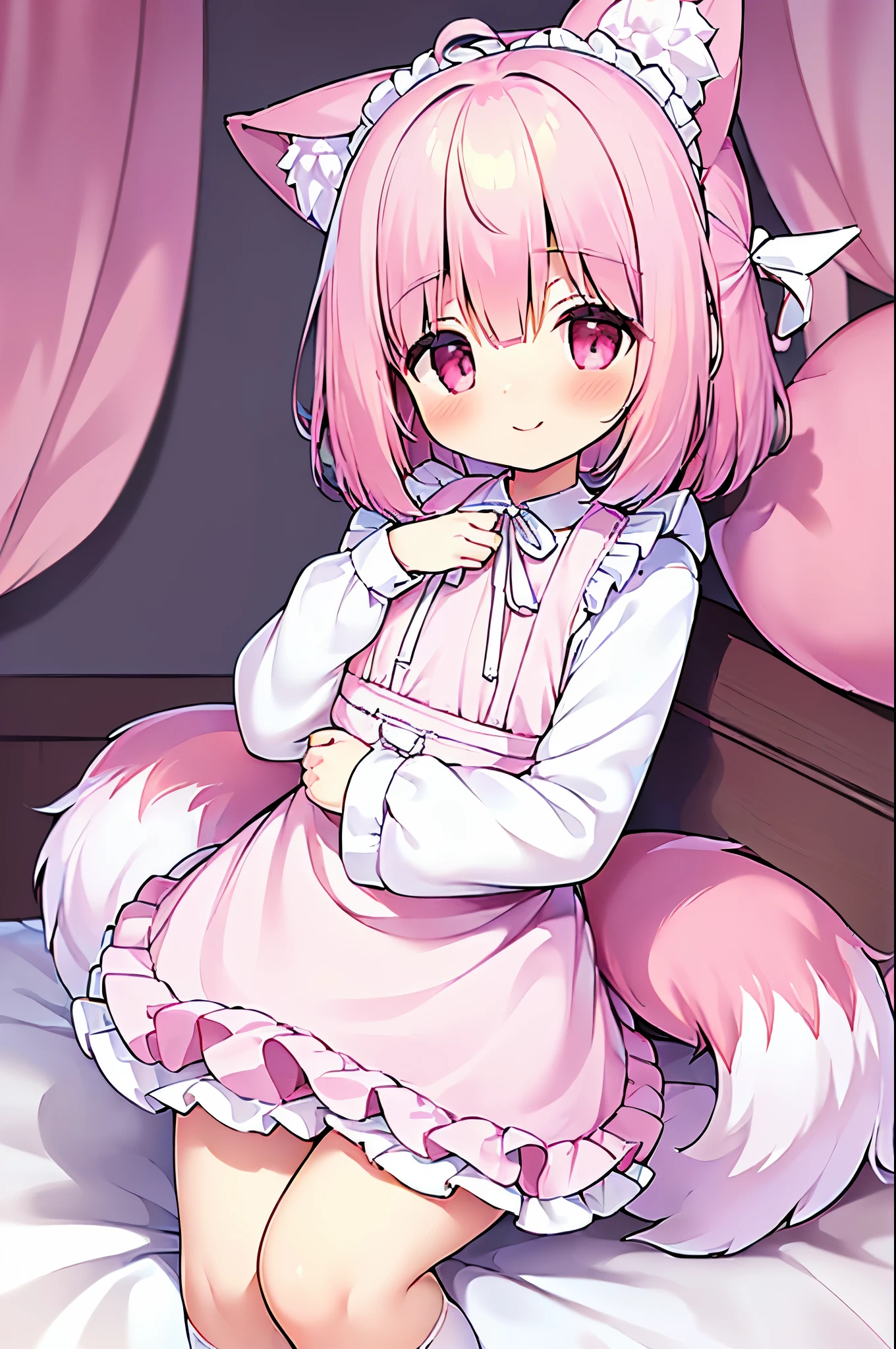 (((masterpiece))), (((最high quality))), (((high quality))), (((beautiful))), (((8k))), (((High resolution)) (((超High resolution))), (((High resolution))), (((Superb illustrations))), (Pink Short Hair:1.3), (Pink fox tail:1.4), (Pink fox tail:1.2), Pink fox ears, (Pink Eyes), (super small breasts:1.5), (Ultra-flat chest:1.4), (Cowboy Shot:1.3), (Cowboy Shot:1.4), (Smiling:1.3), (Lying on a white bed:1.4), (Pink Apron:1.5), (White long sleeve blouse:1.4), (White Skirt:1.4), (frills and ribbons:1.5)