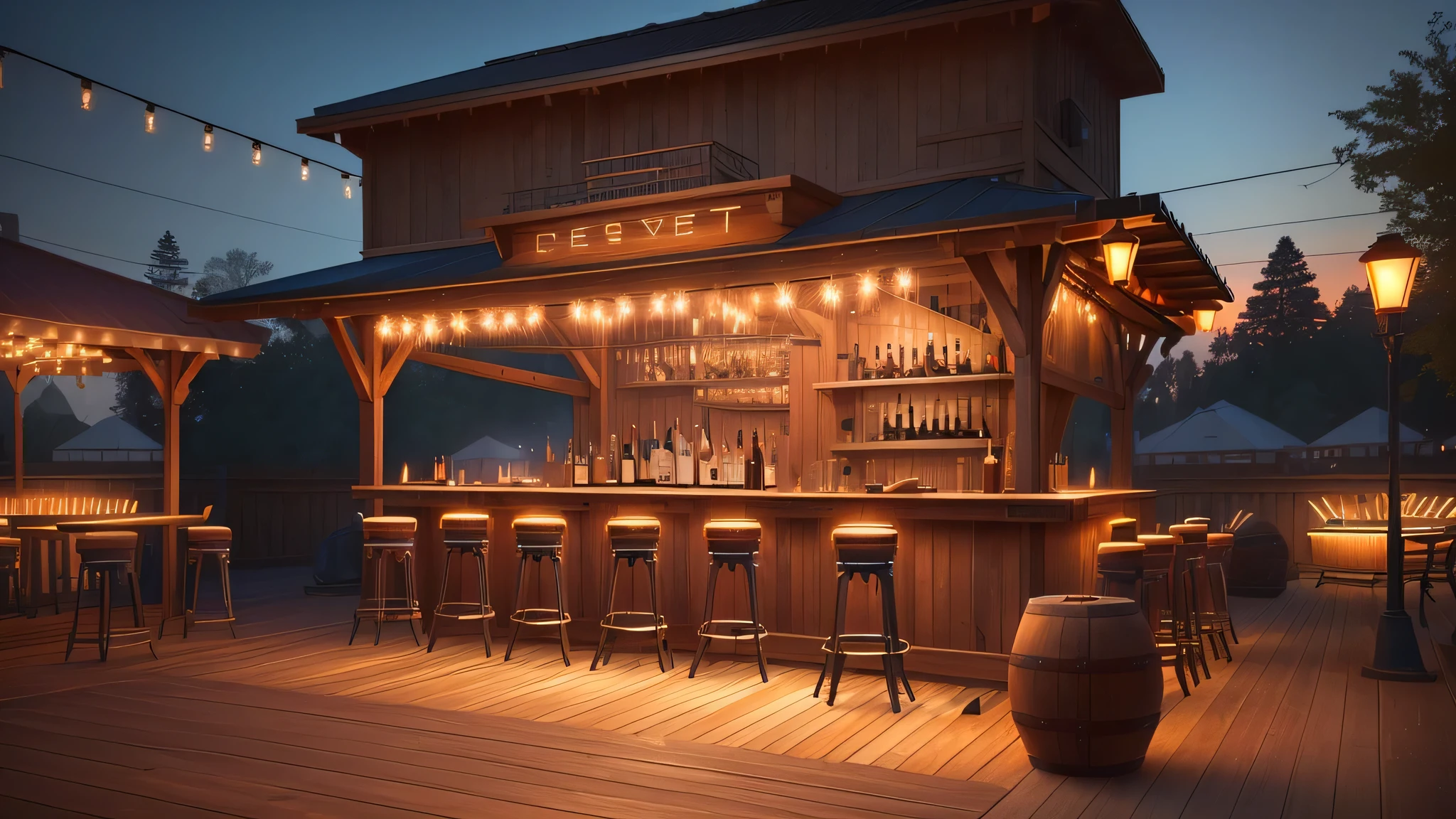 an outdoor bar with stools on a deck, a digital rendering by Bradley Walker Tomlin, trending on pinterest, neo-romanticism, made of wrought iron, rim light, unreal engine 5