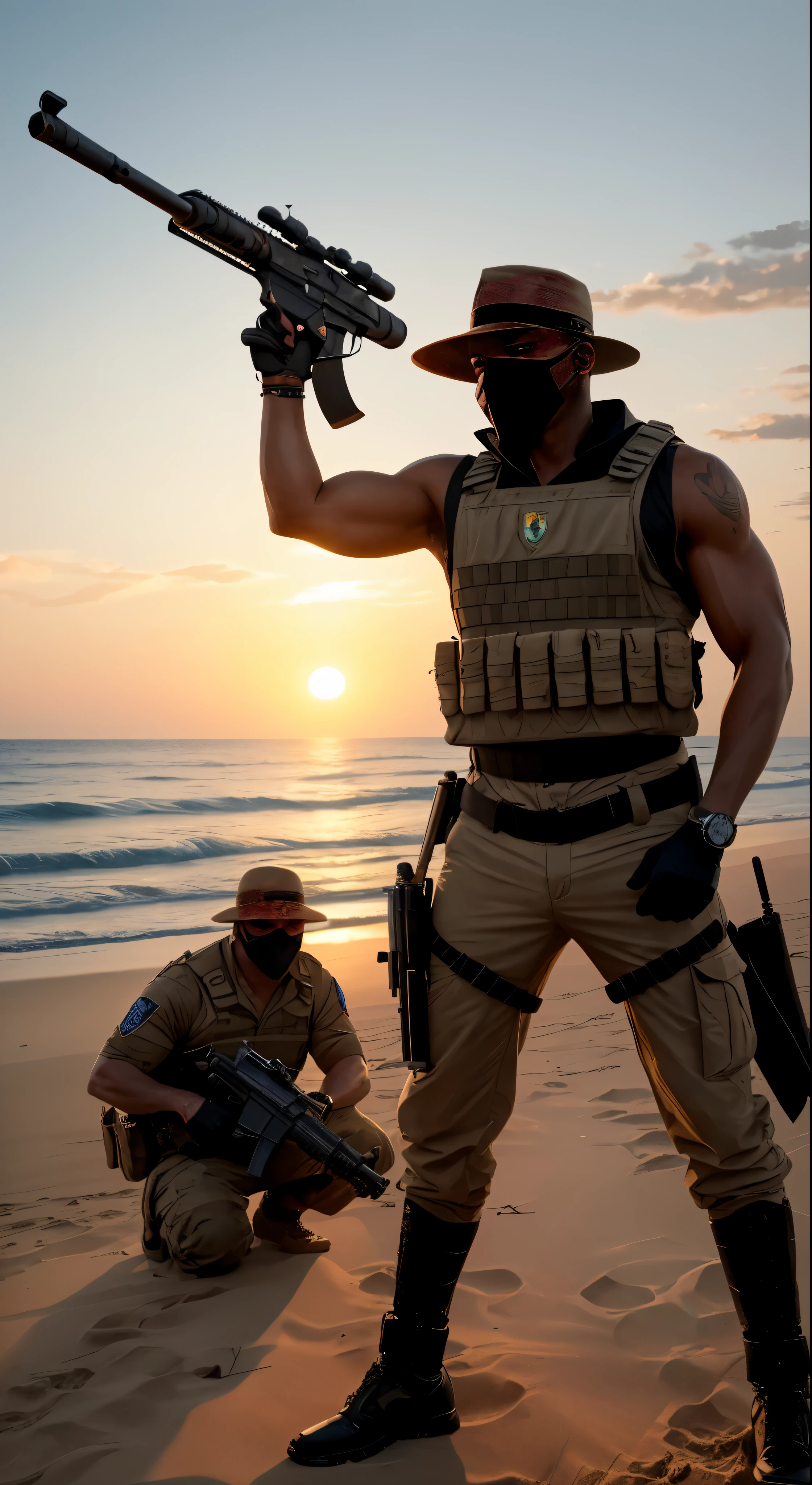 A high definition image of a pivotal scene from the movie "Bat Boys II," where Will Smith, having just exited his Ferrari, finds himself confronted by a group of men wielding a menacing machine gun, pointed directly at the camera. The image is taken from the road along the beach, with the setting sun casting long shadows and the sand glistening in the golden light. The machine gun and its operators are depicted in intricate detail, their faces hidden behind masks, adding an element of mystery and danger to the scene. The texture of the sand and water is hyper-realistic, with every grain and ripple visible, and the colors are rich and vibrant, capturing the essence of