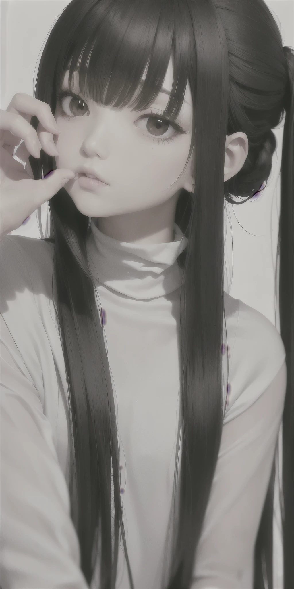 best quality, masterpiece,black hair, black eyes,white clothes, looking up, upper body,hair strand,brown skin, long hair