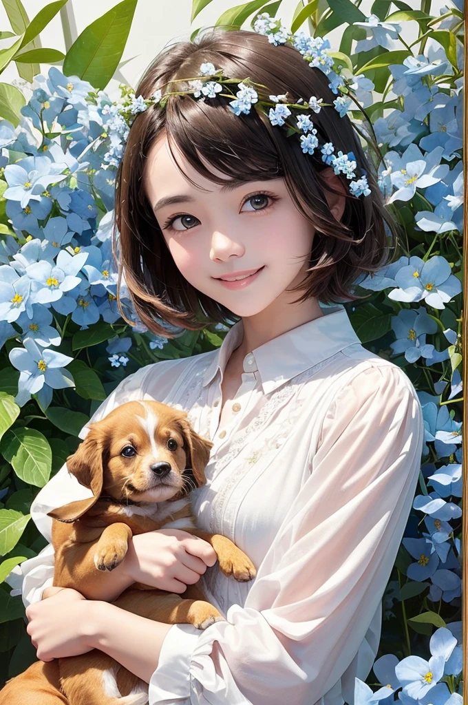 (masterpiece、highest quality、highest quality、Beautiful and beautiful:1.2)、(Good anatomy:1.5)、Drawing of a girl with straight short hair、White blouse、Shy smile、Holding a cinnamon-colored puppy、looking at the camera、put flowers and leaves on your head、forget-me-not