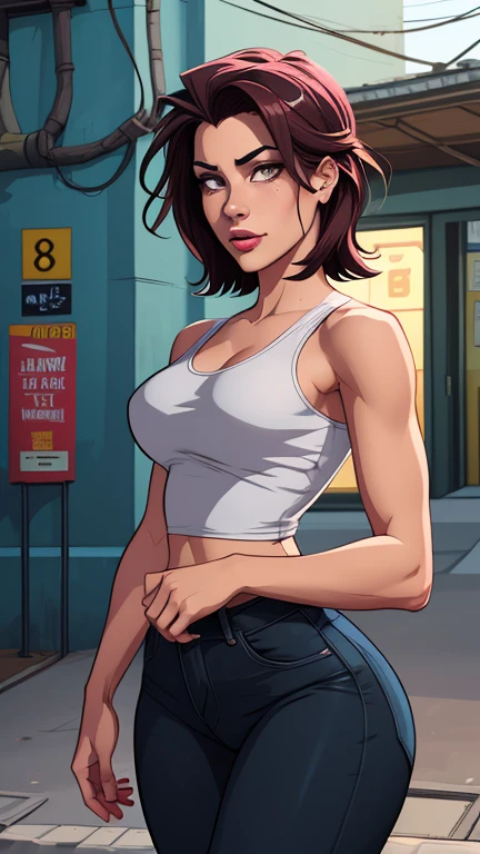 solo, human, female, skinny, human woman, (black hair), brown eyes, jean shorts, earrings, white shirt, detailed lips, detailed face, detailed eyes, white tanktop, necklace, black t-shirt, pants, sneakers, cyberpunk Streets, (by meesh:0.3), masterpiece, high quality, hi-res, 8k, hd), standing,close-view portrait, looking at viewer, night, outdoors, happy expression
