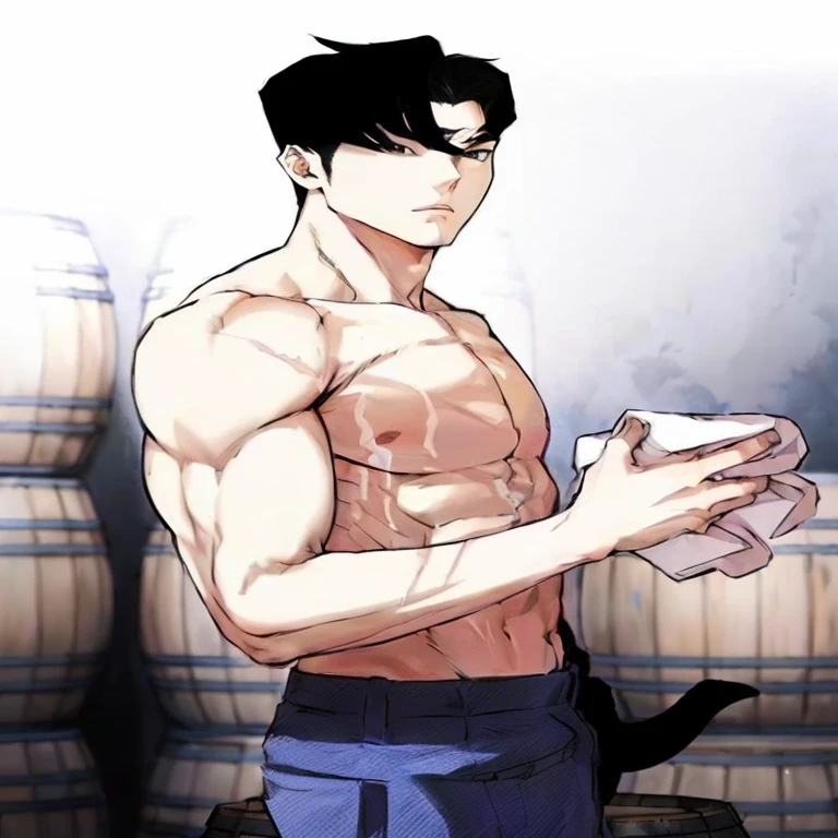 a close up of a person holding a cat in a room, muscular!!, handsome guy in demon slayer art, handsome saitama, muscular!, manhwa, anime handsome man, barrel chested, shirtless, handsome anime pose, okabe rintarou, kentaro miura manga style, prefect body, kentaro miura manga art style