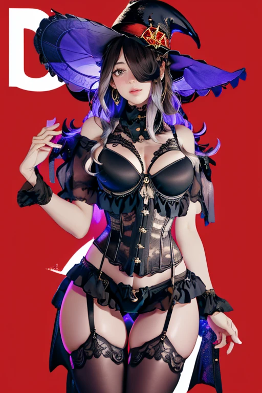 1girl, solo,(cowboy shot:1.2),(thigh gap:1.1), sucy_manbavaran, sooahdef, long hair, hair over one eye,,outdoors,huge ass,ruanyi0236,witch hat, wrist cuffs, see-through, garter straps,black dress,black thighhighs,corset, best quality,masterpiece,highres,official art,extremely detailed cg unity 8k wallpaper, (magazine cover:1.3),simple red background