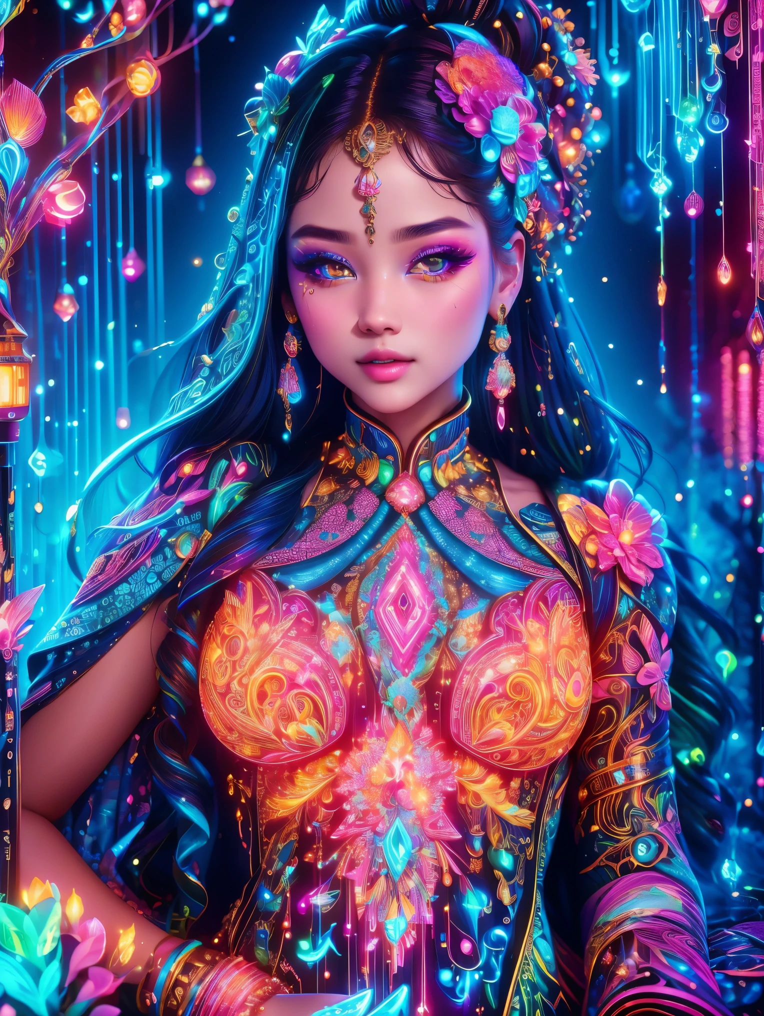 (Neon)，Circuit Board，(1girl:1.3)，(Beautiful Girl:1.2)，Extremely detailed，(Fractal Art:1.2)，Colorful，The most detailed，(zentangle Neon:1.2)，(Dynamic poses)，(Neon几何背景:1.5)，(Red Wedding Dress:1.2)，(Glowing skin)，(Many colors:1.4)，Dark Magic，(Magical shape，Face highlighting)，fashionable，Texture，Light and Shadow Art，Sunshine on the face，Cardamom age，(Exquisite and perfect demeanor:1.3)，(dream)，(Ultra HD, masterpiece, precise, Anatomically correct, textured skin, High Detail, high quality, The award-winning, 8k)