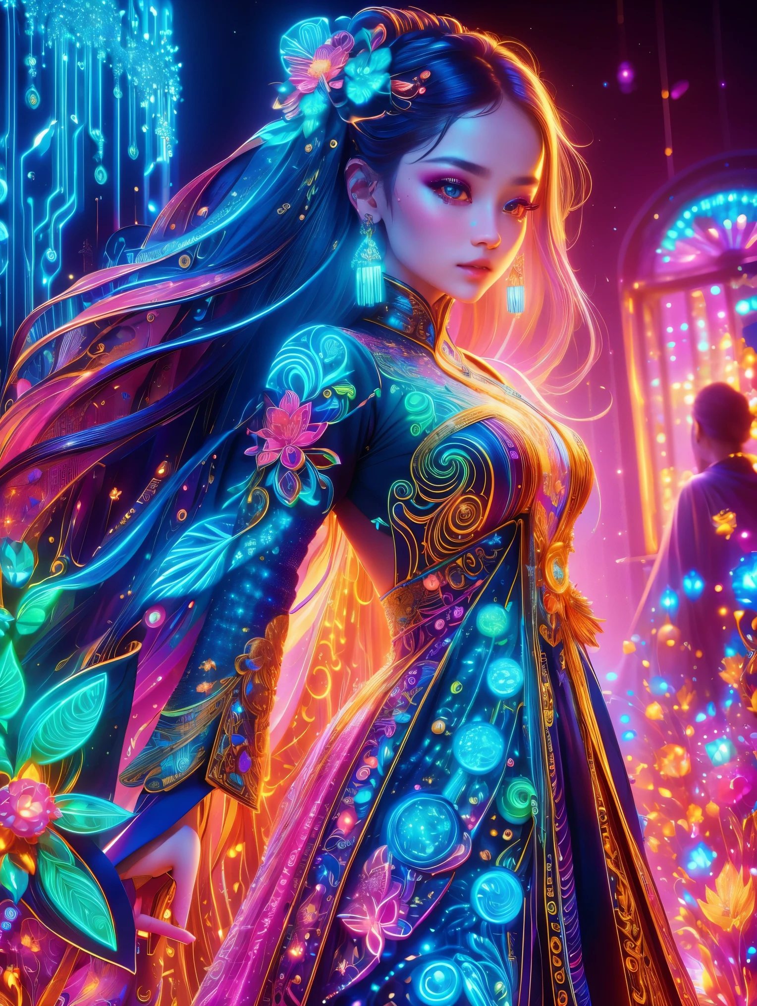 (Neon)，Circuit Board，(1girl:1.3)，(Beautiful Girl:1.2)，Extremely detailed，(Fractal Art:1.2)，Colorful，The most detailed，(zentangle Neon:1.2)，(Dynamic poses)，(Neon几何背景:1.5)，(Red Wedding Dress:1.2)，(Glowing skin)，(Many colors:1.4)，Dark Magic，(Magical shape，Face highlighting)，fashionable，Texture，Light and Shadow Art，Sunshine on the face，Cardamom age，(Exquisite and perfect demeanor:1.3)，(dream)，(Ultra HD, masterpiece, precise, Anatomically correct, textured skin, High Detail, high quality, The award-winning, 8k)