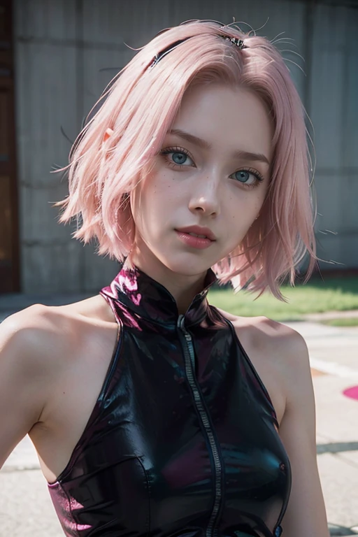 young woman, short shoulder-length pink hair, wide forehead, porcelain skin, pink eyebrows, big emerald green eyes, buttoned nose, full lips, heart-shaped face, slender body, small breasts, maroon tank top, Sakura Haruno , realistic, Realism, details, 3d, well detailed.