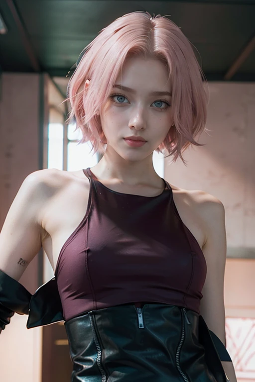 young woman, short shoulder-length pink hair, wide forehead, porcelain skin, pink eyebrows, big emerald green eyes, buttoned nose, full lips, heart-shaped face, slender body, small breasts, maroon tank top, Sakura Haruno , realistic, Realism, details, 3d, well detailed.