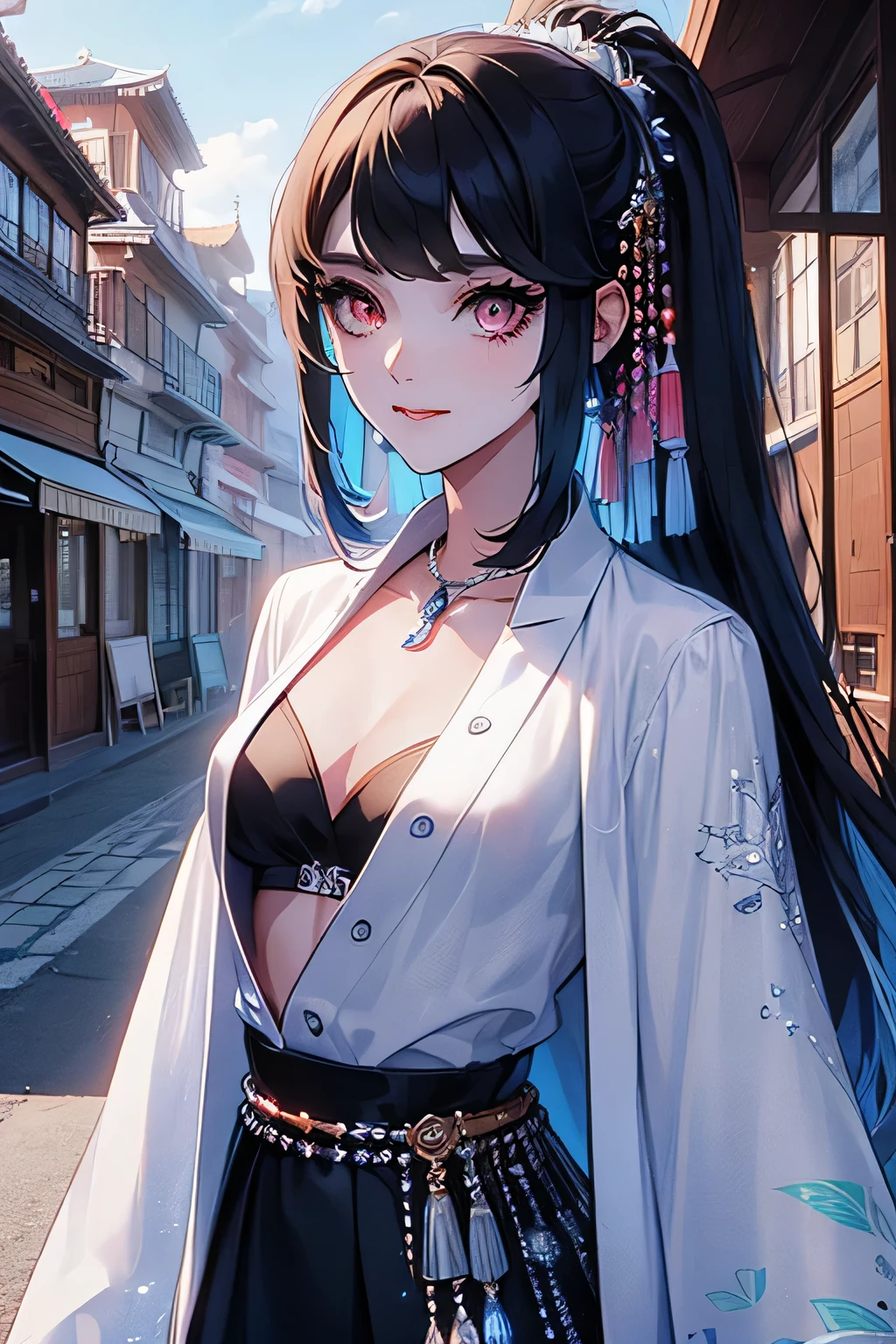 ((Masterpiece)), best quality, absurderes, ultra detailed, holographic, cowboy shot, super cute girl, mature girl, super beautiful asian girl with very beautiful violet glowing eyes, beautiful glowing white multicolored hair, nice and sexy body, slim body, perfect body, wearing super tight anime printed boxers, an anime printed super tight shirt, super aesthetic pink jacket, standing outside, city, sad, seeing a different version of her from other universe