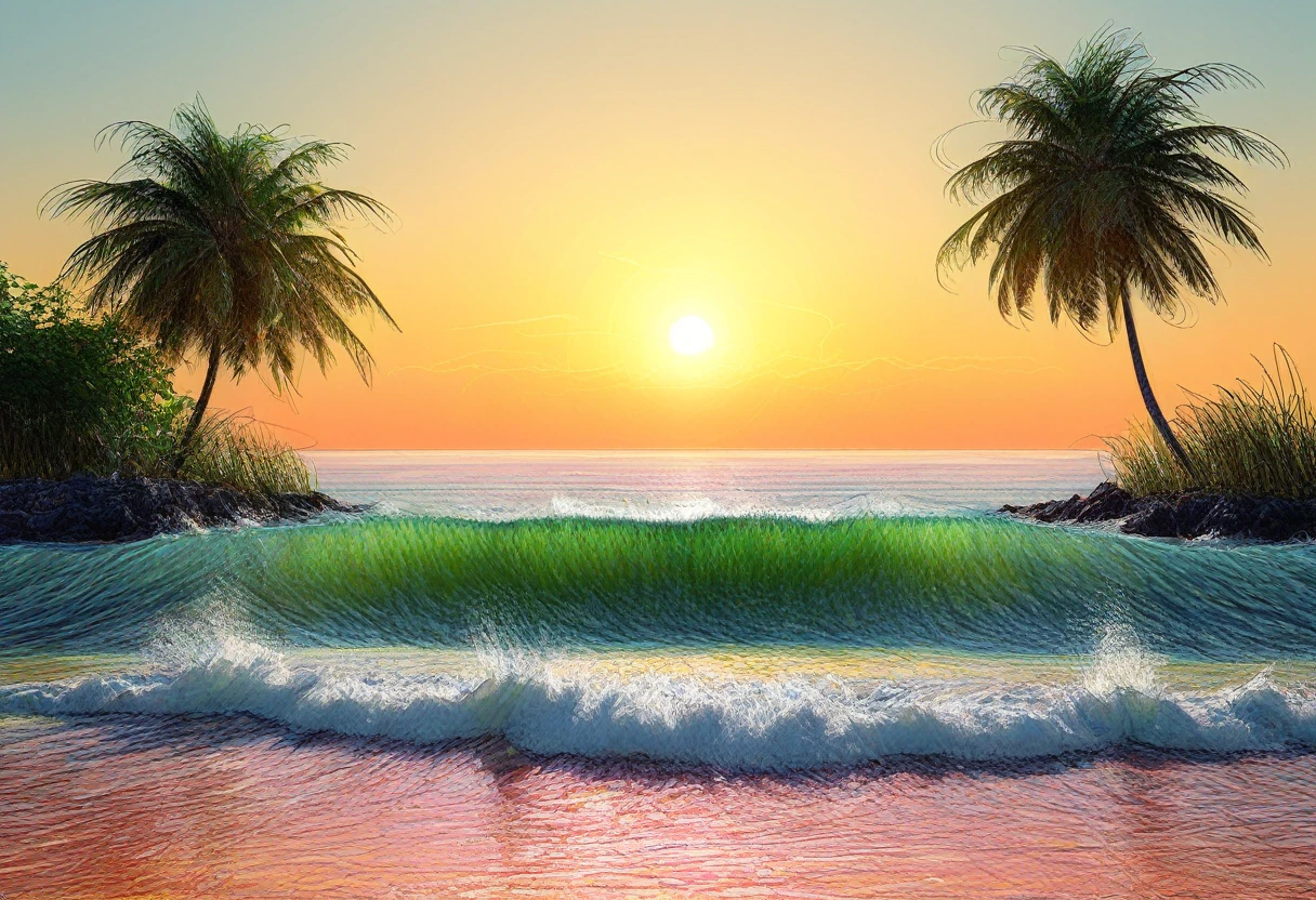 illustration:1.4, Unreal Engine:1.4,Ultra realistic CG K, Photorealistic:1.4, Caribbean beaches, landscape of a paradisiacal beach, palm trees, white sand, seagulls, beach chairs, beautiful waves breaking on the beach, colors of a sunset with some clouds, sun falls illuminating the waters photograph taken by a professional photographer:1.5, Extremely detailed :1.4, more detailed, optical mixing, playful patterns, animated texture, Unique visual effect, representative of this beautiful tourist landscape, magical, masterpiece, photography awarded for its beauty, vivid and harmonious colors, cinematic lighting, 8k realistic digital art), 32K