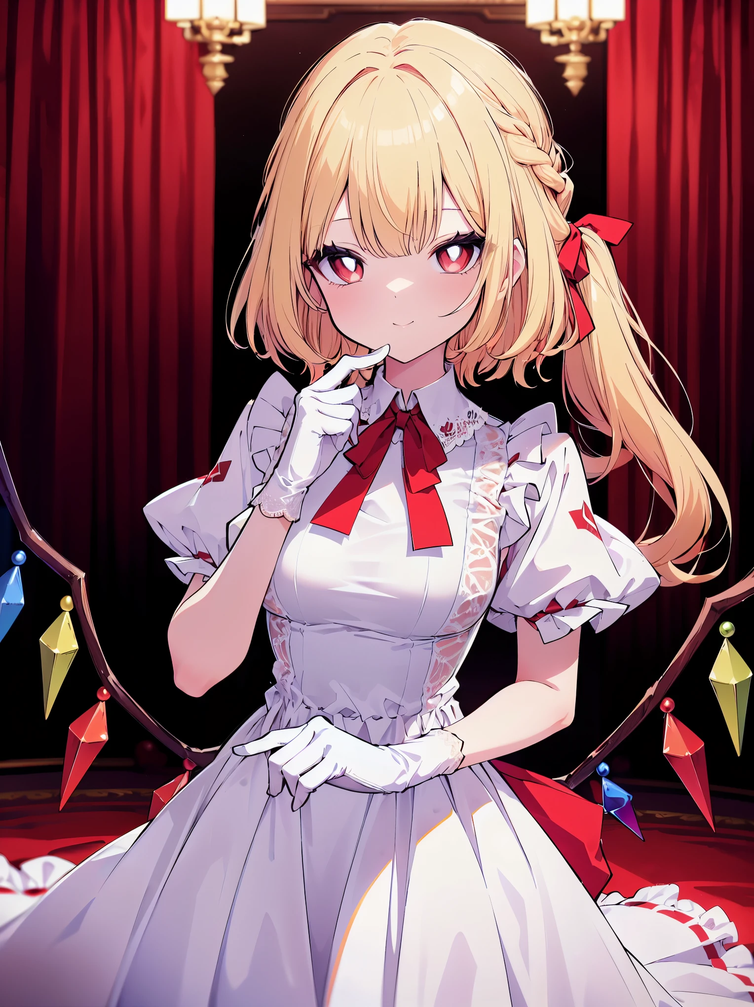 (colorful:1.1), vibrant color, (ultra-high resolution, depth of field:1.2), (Flandre scarlet:1.1), (1woman), (adult), in her 20s, Touhou project, (medium breasts), (red eyes), white pupils, glowing eyes, (forehead:1.2), blonde hair, wavy hair, (long hair:1.1), (french braid:1.2), red ribbon, (intricate white gala dress:1.1), (wearing a white gala dress:1.2), frills, (long white lace gloves), (elegant ballroom scenery:1.2), gentle smile, dim lighting