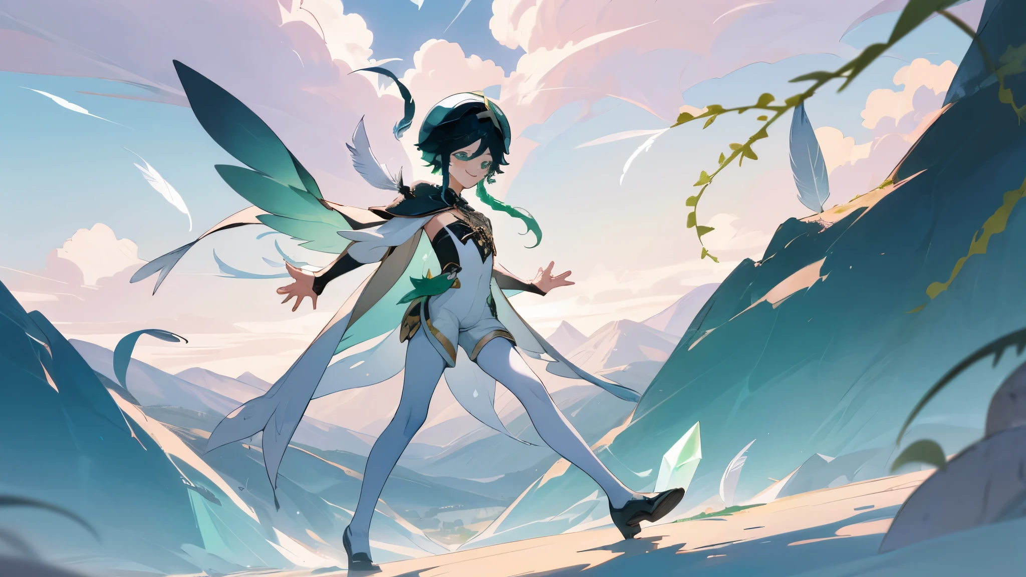 anime, 1boy, venti, genshin_impact, dsmile, soft pastel, best quality, absurdres, very aesthetic, flat chest, beautiful blue green gradient eyes, shorts, white pantyhose, cape, hat, feathers, clouds, crystalflies, mountains in background, large tree, vines, long lashes, full body