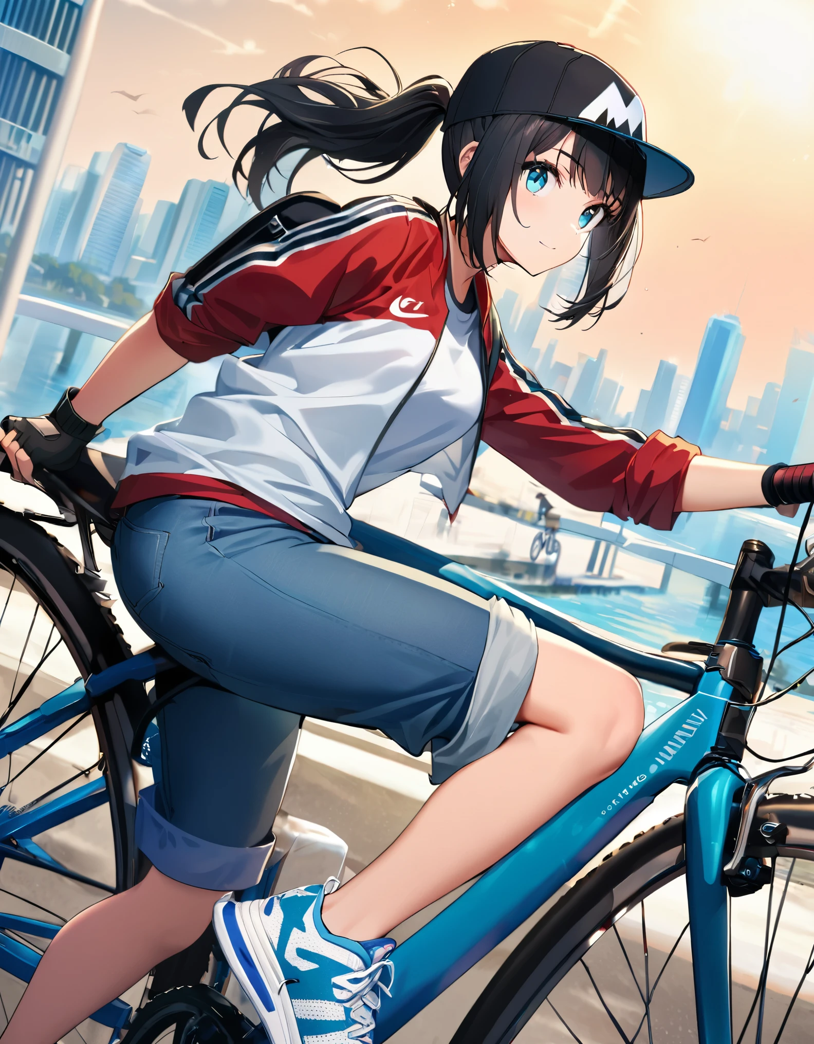 1girl, bike messenger, miami city backdrop, (jet black hair, short hair, bob hair, bangs, ponytail), light blue eyes, beautiful detailed eyes, beautiful detailed face, cute face, perfect hands, complete fingers, perfect anatomy, perfect proportions, medium breasts, (jeans, athletic sneakers), (backwards cap), fingerless gloves, (varsity jacket, sleeves rolled up, t-shirt), (bicycle, riding bicycle, holding water bottle), day, traffic