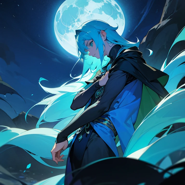 Um Elfo masculino de olhos azuis como o oceano e cor azul clara. Observing the blue moon in the sky of a very dark night