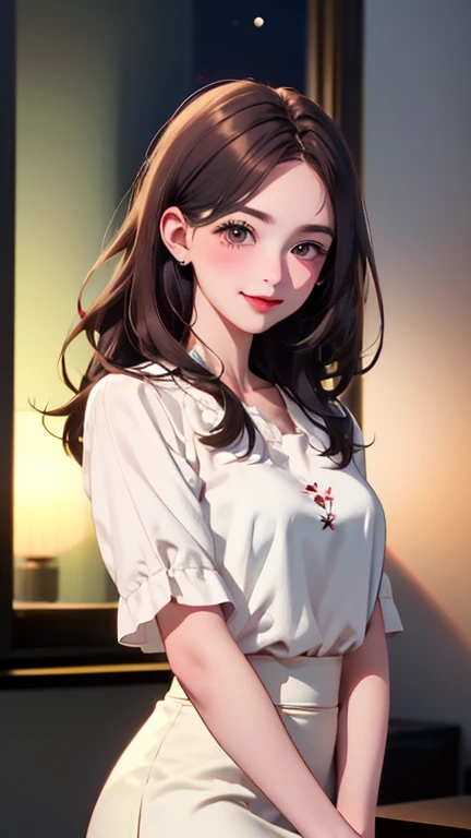 Blushing lightly and smiling, (Top quality masterpiece:1.2) Delicate illustrations, Very detailed, /Beautiful woman Japan in her 30s、1 person,Very cute and slim、Excellent style 、((8K images、super high quality))、Very delicate face, Skin and Hair、Red lipstick、Long Hair、beautiful forehead,(((((Gradient Hair、Brown Hair))))),Very cute Japanese cut face、Eyes and nose are clearly visible、Kind eyes,(((White blouse、Tight Skirt)))、Night view