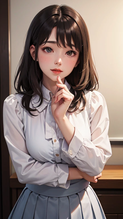 Blushing lightly and smiling, (Top quality masterpiece:1.2) Delicate illustrations, Very detailed, /Beautiful woman Japan in her 30s、1 person,Very cute and slim、Excellent style 、((8K images、super high quality))、Very delicate face, Skin and Hair、beautiful forehead、Red lipstick、Long Hair,(((((Shortcuts、Gradient Hair、Brown Hair))))),Very cute Japanese cut face、Eyes and nose are clearly visible、Kind eyes,(((White blouse、Tight Skirt)))、Night view