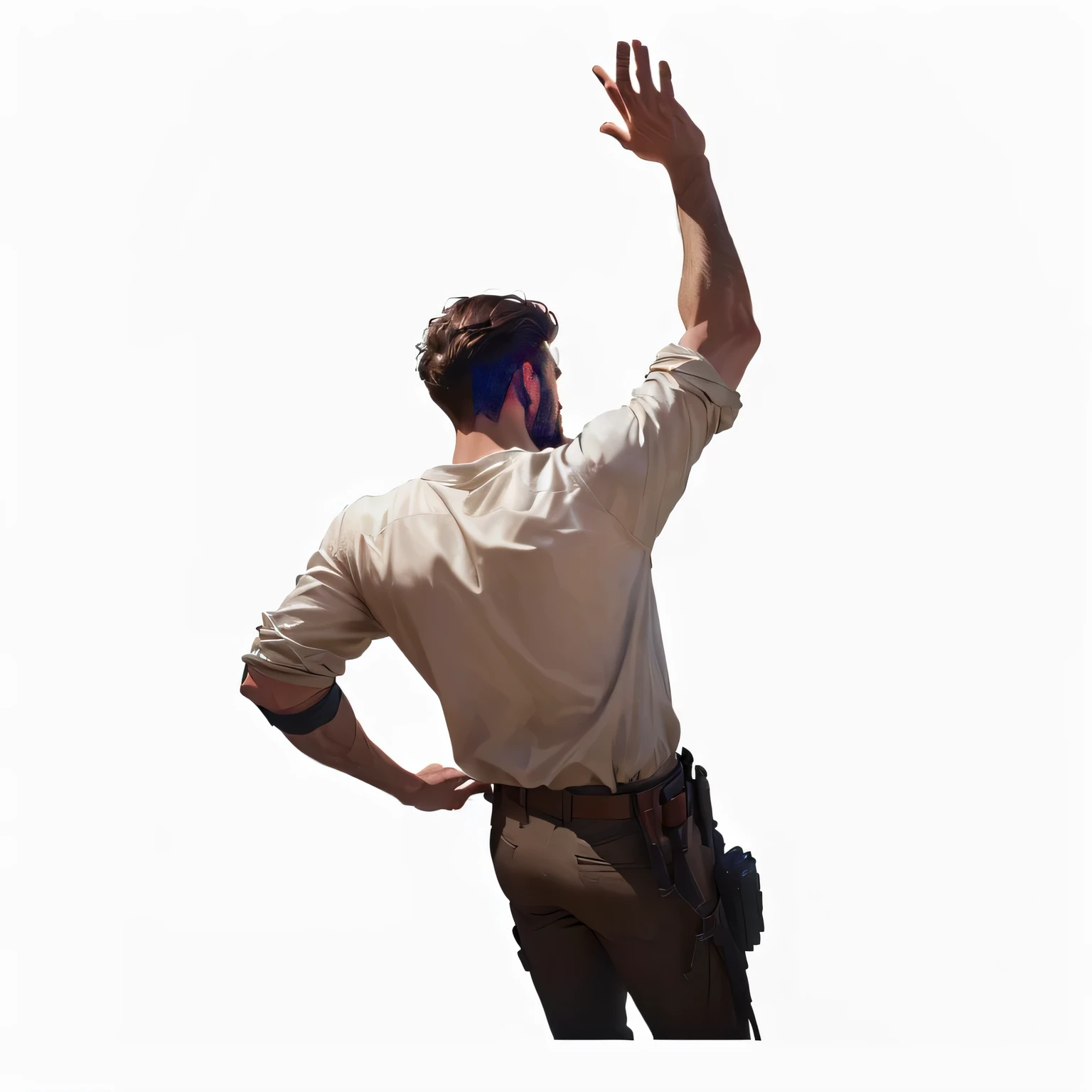 (best quality,4k,8k,highres,masterpiece:1.2),ultra-detailed,(realistic,photorealistic,photo-realistic:1.37),dnd rendering,defensive,intense,man standing in defensive pose,detailed back posture,blurred man raising his arm,pose,man standing,film pose,character posing in concept art,elegant film pose