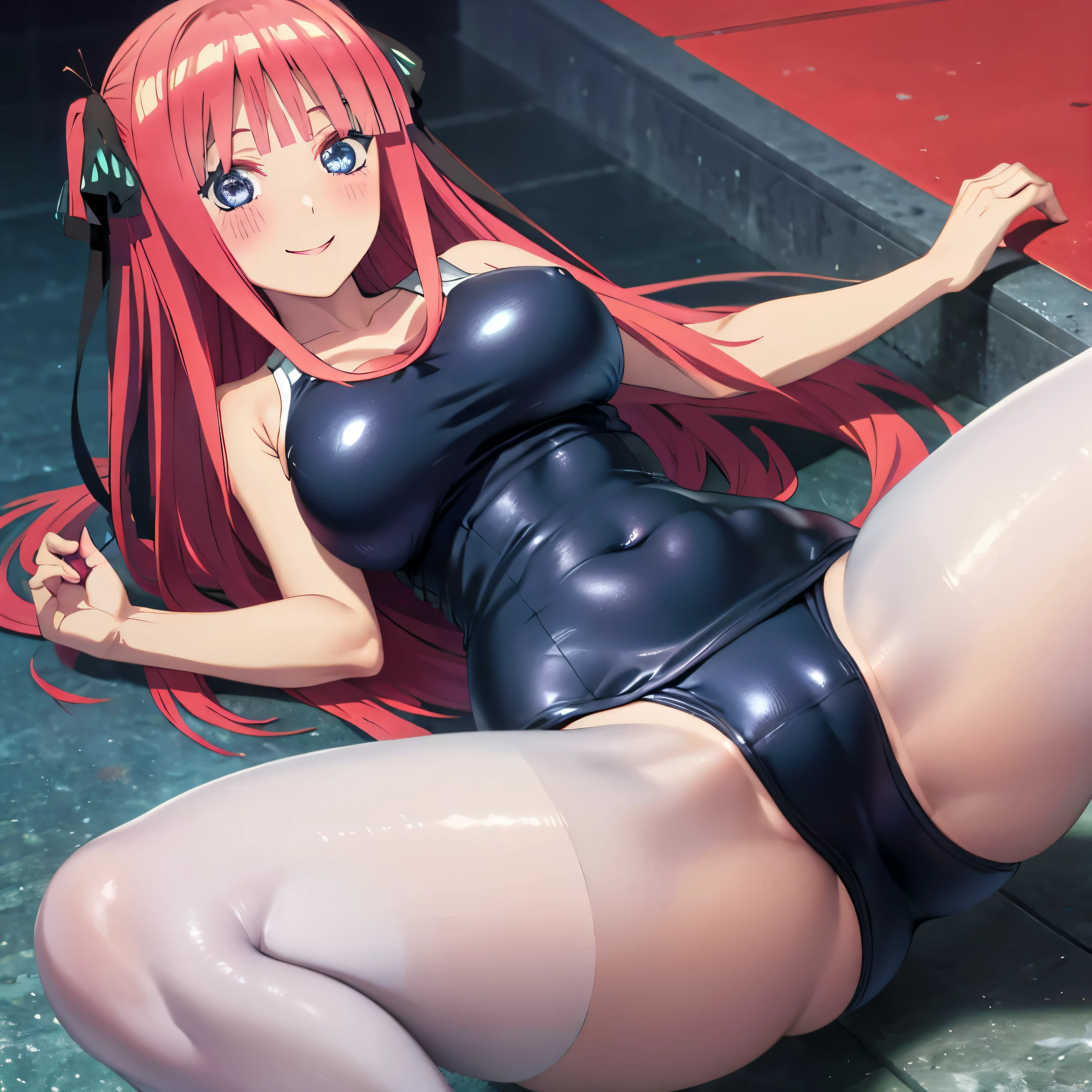 best quality, ultra-detailed masterpiece, anime art style, cute characters, nino nakano, one-piece swimsuit, large breasts, pantyhose, blush, smile, open legs