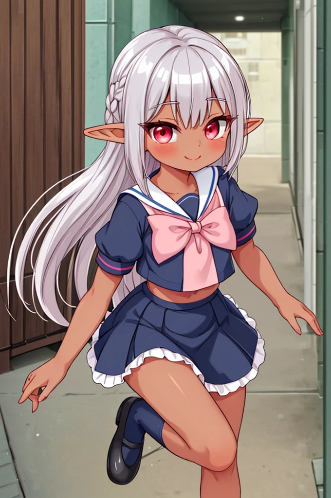 An elf woman, very dark tanned skin, beautiful silver hair, tied back, pointed ears, beautiful red eyes, pink lips, looking at the viewer, shy face, cheerful smile, masterpiece , short-sleeved sailor uniform, knee-length navy blue skirt, black socks, shoes, cute pose,