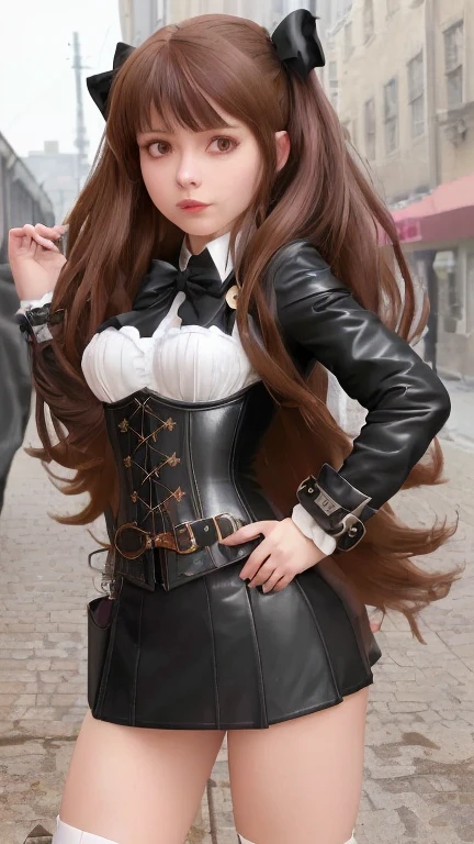 masterpiece, best quality, highres, hmsl1, long sleeves, open clothes, sleeves past wrists, black leather miniskirt, white shirt and corset on, hight boots, long detective coat, small breast, cowboy shot, outdoors, street, standing. a cartoon picture of a woman walking down a street, a character portrait, by Kamagurka, pixel art, steampunk inventor girl, girl with brown hair, girl wearing leather uniform, ecchi anime style, girl with warship parts, (sfw) safe for work, hagrid in cute anime style, manga book anime style, long detective coat