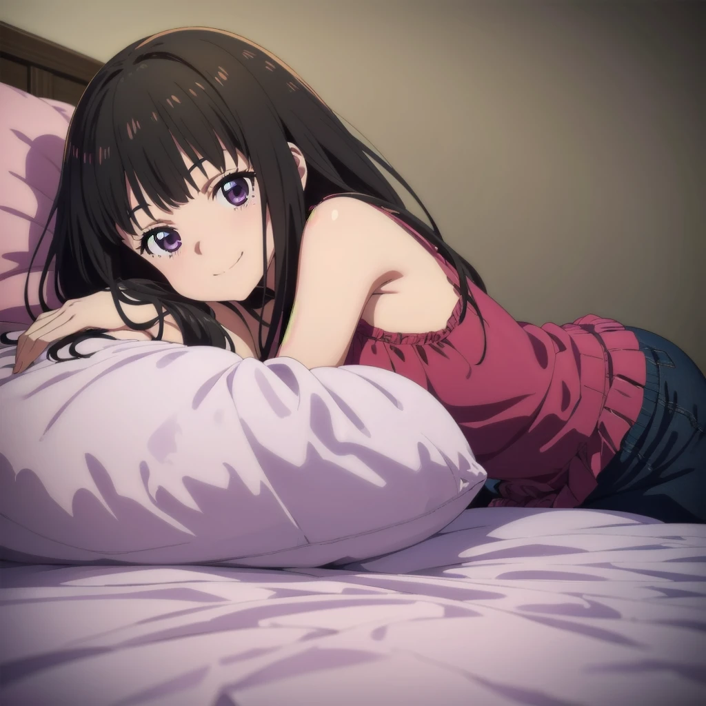 (((Pixel Perfect, Perfect detail))), (alone, 1 girl), takina inoue, Looking at the audience, Shut your mouth, (Lie face down on the bed:1.3), smile, full Body