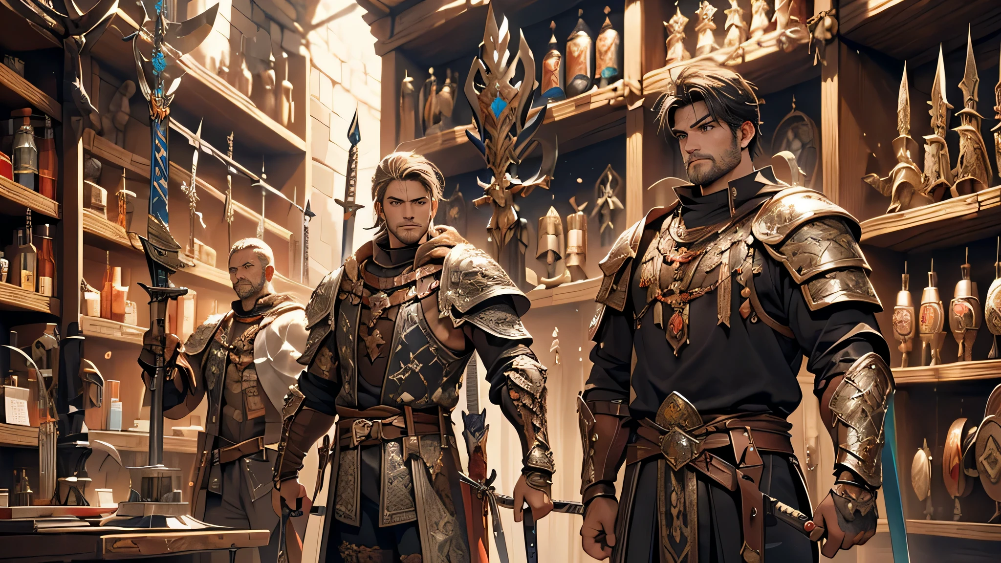 The prompt for the given theme "Describe the many weapons on display, swords, spears, axes, arrows, hammers and so on being displayed in the shop. medieval fantasy" is as follows: "medieval fantasy, weapons shop, a wide variety of weapons on display,(displayed weapons:1.1), swords, spears, axes, arrows, hammers, and more, intricately crafted weapons(adorned:1.1), shining blades, detailed spearheads, (ornate axes:1.1), finely crafted arrows, (exquisitely designed hammers:1.1), shop filled with weapons, ancient armaments adorned with jewels and engravings, (authentic medieval weapons:1.2), high-quality replicas of legendary swords,