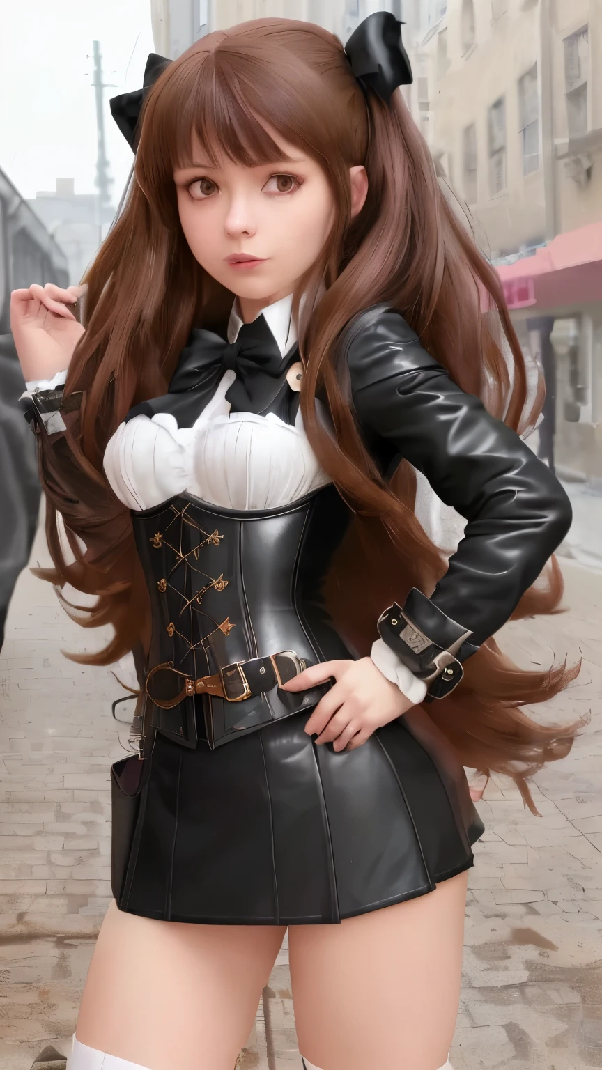 masterpiece, best quality, highres, hmsl1, long sleeves, open clothes, sleeves past wrists, black leather miniskirt, white shirt and corset on, hight boots, long detective coat, small breast, cowboy shot, outdoors, street, standing. a cartoon picture of a woman walking down a street, a character portrait, by Kamagurka, pixel art, steampunk inventor girl, girl with brown hair, girl wearing leather uniform, ecchi anime style, girl with warship parts, (sfw) safe for work, hagrid in cute anime style, manga book anime style, long detective coat