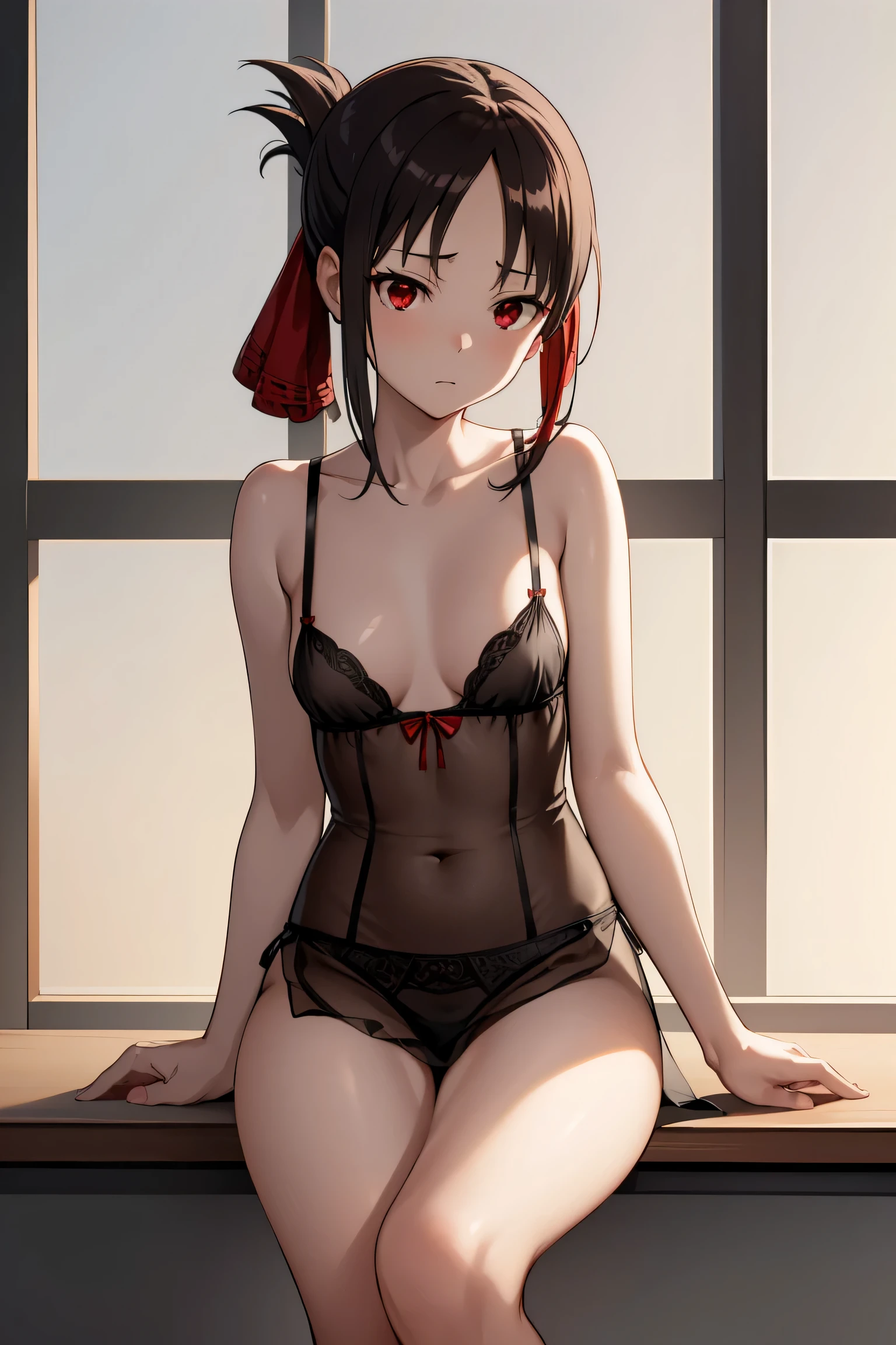 kaguyashinomiya, kaguya shinomiya, Folded ponytail, amount, hair ribbon, (Red eyes:1.5), red ribbon, ribbon, short hair, Side Lock, (Small breasts:1.2),
break (negligee)
break looking at viewer, sitting on desk
break indoors, classroom,
break (masterpiece:1.2), highest quality, High resolution, unity 8k wallpaper, (figure:0.8), (Beautiful fine details:1.6), Highly detailed face, Perfect lighting, Highly detailed CG, (Perfect hands, Perfect Anatomy), whole body,All naked,naked