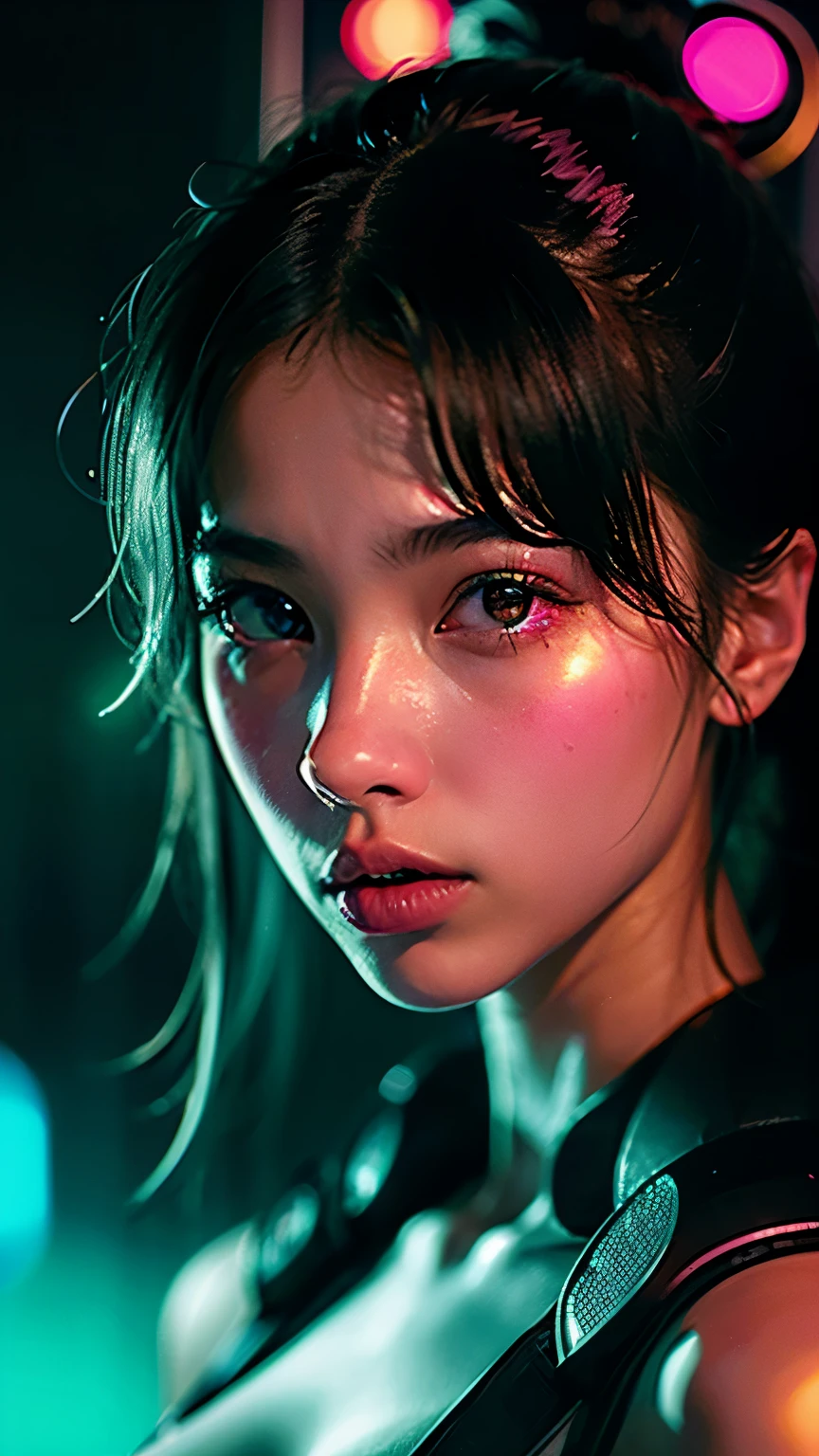 身穿比基尼的阿拉菲女子在Neon前摆姿势, Neon and Dark, glowing neon lights, glowing neon lights skin, Portrait of a girl with light waves, Neon, Neon, subtle Neoning, Brilliant D'colored light, Neoning, Gorgeous cyberpunk light, Neon night, glow of Neons, soft neon atmosphere, Neon Cyberpunk Highlights, with Neons