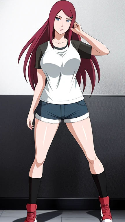 uzumaki_kushina, large_breasts, ((standing 1.2)) bedroom, solo, denim_shorts,, masterpiece, best quality, detailed face, detailed eyes, highres, white shirt , legs cross ,black stocking,back veiw  , 