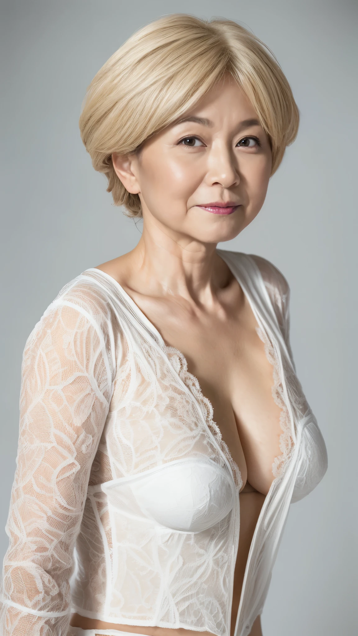 (((alone))), elderly mature woman, pure white background, gravure, facing the front, ((center your face on the screen)), describe the lips correctly,red lips, flashy makeup, from the chest up, In underwear, highest quality, Super detailed, realistic, Super detailed細なスキン, perfect anatomy, (1 Japanese mature woman), (positive), 100 years old, huge breasts, part time aunt, Glamour, Sexy, pure white skin, looking at the viewer,
