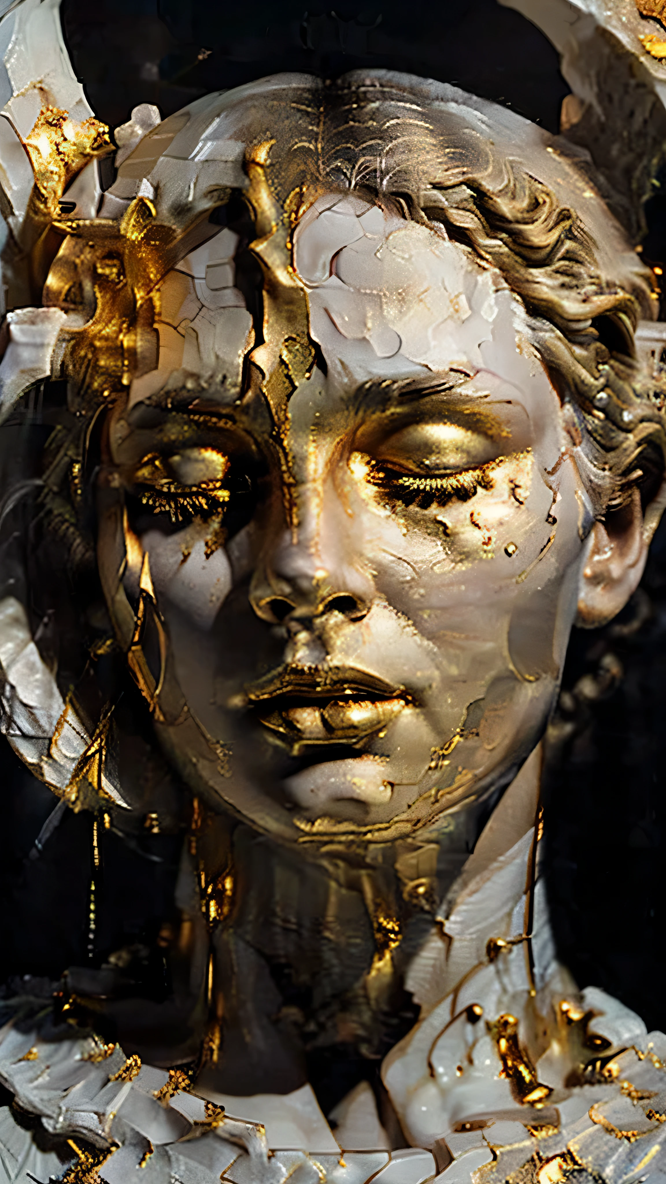 1girl, solo, Sculpture, white skin, face shot, crack, strong reflection, black background, studio lighting, golden stroke