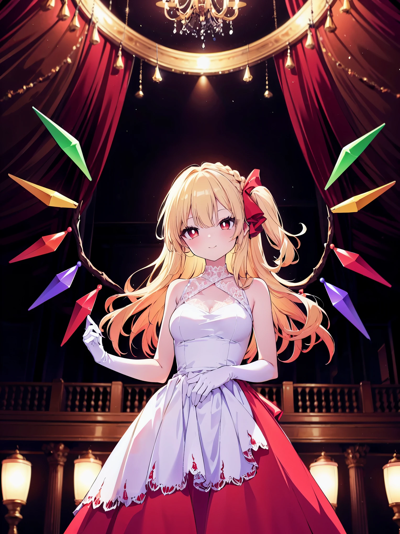 (colorful:1.1), vibrant color, (ultra-high resolution, depth of field:1.2), (Flandre scarlet:1.1), (1woman), (adult), in her 20s, Touhou project, (medium breasts), (red eyes), white pupils, glowing eyes, (forehead:1.2), blonde hair, wavy hair, (long hair:1.1), (french braid:1.2), red ribbon, (intricate white gala dress:1.1), (wearing a white gala dress:1.2), frills, (long white lace gloves), (elegant ballroom scenery:1.2), gentle smile, dim lighting