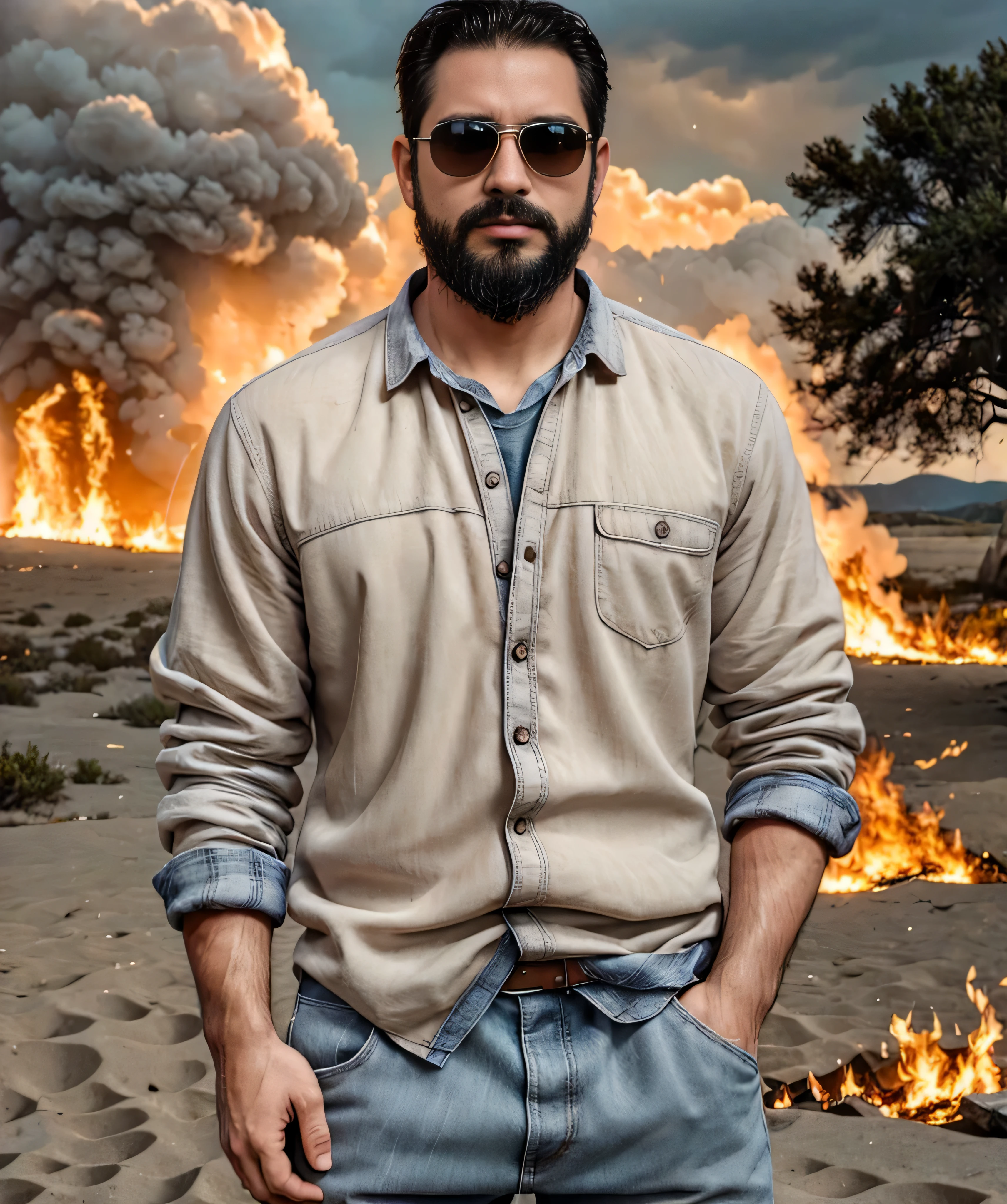 Obra maestra, desenfoque de campo, Parte superior del cuerpo, hands in pants pockets , 38 year old man with beard and square sunglasses. Man wearing a plaid shirt in an action movie with a fire storm in the background.