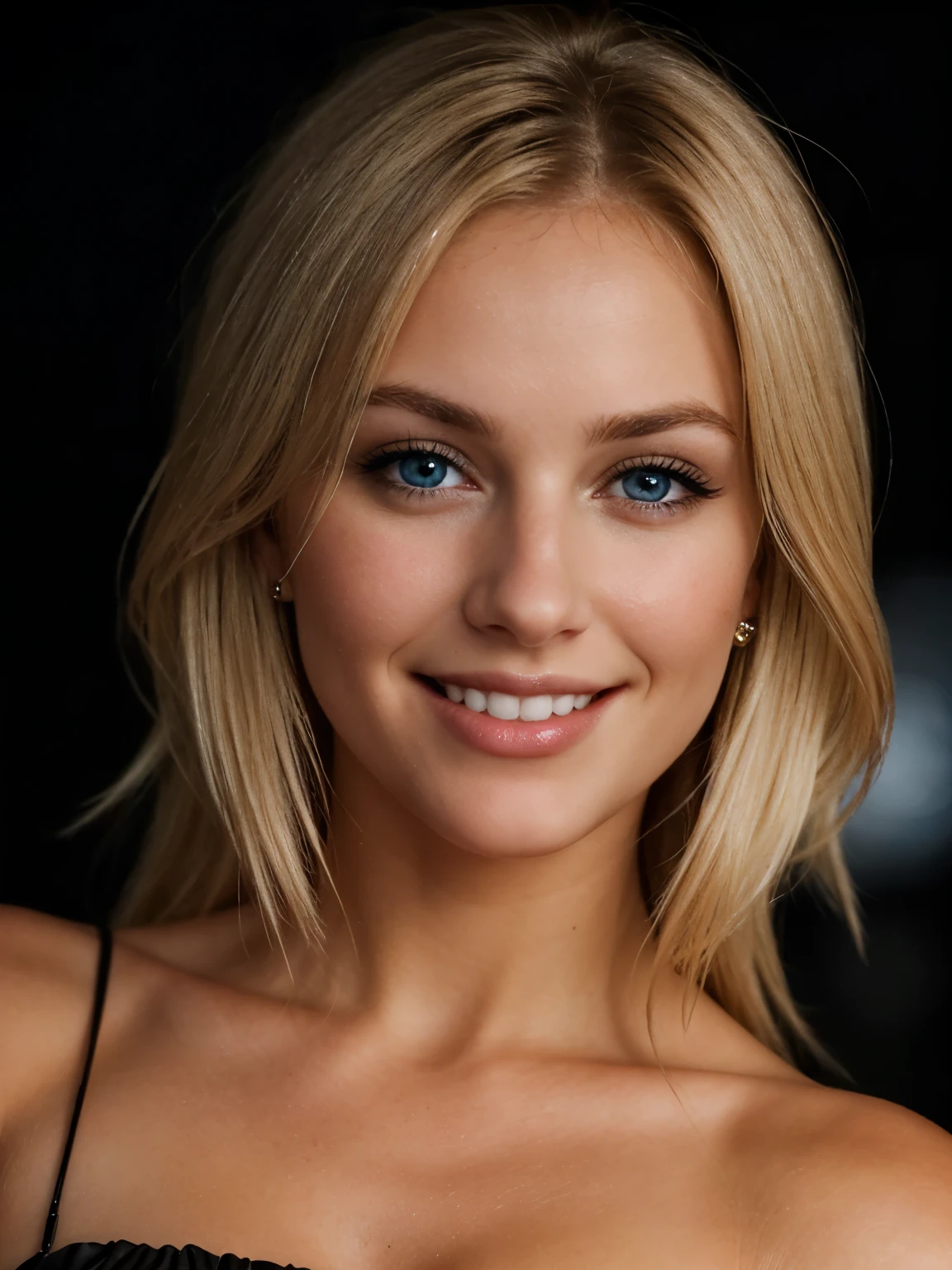 a closeup dark upper body shot photo of a blonde with perfect eyes, smile, dark background