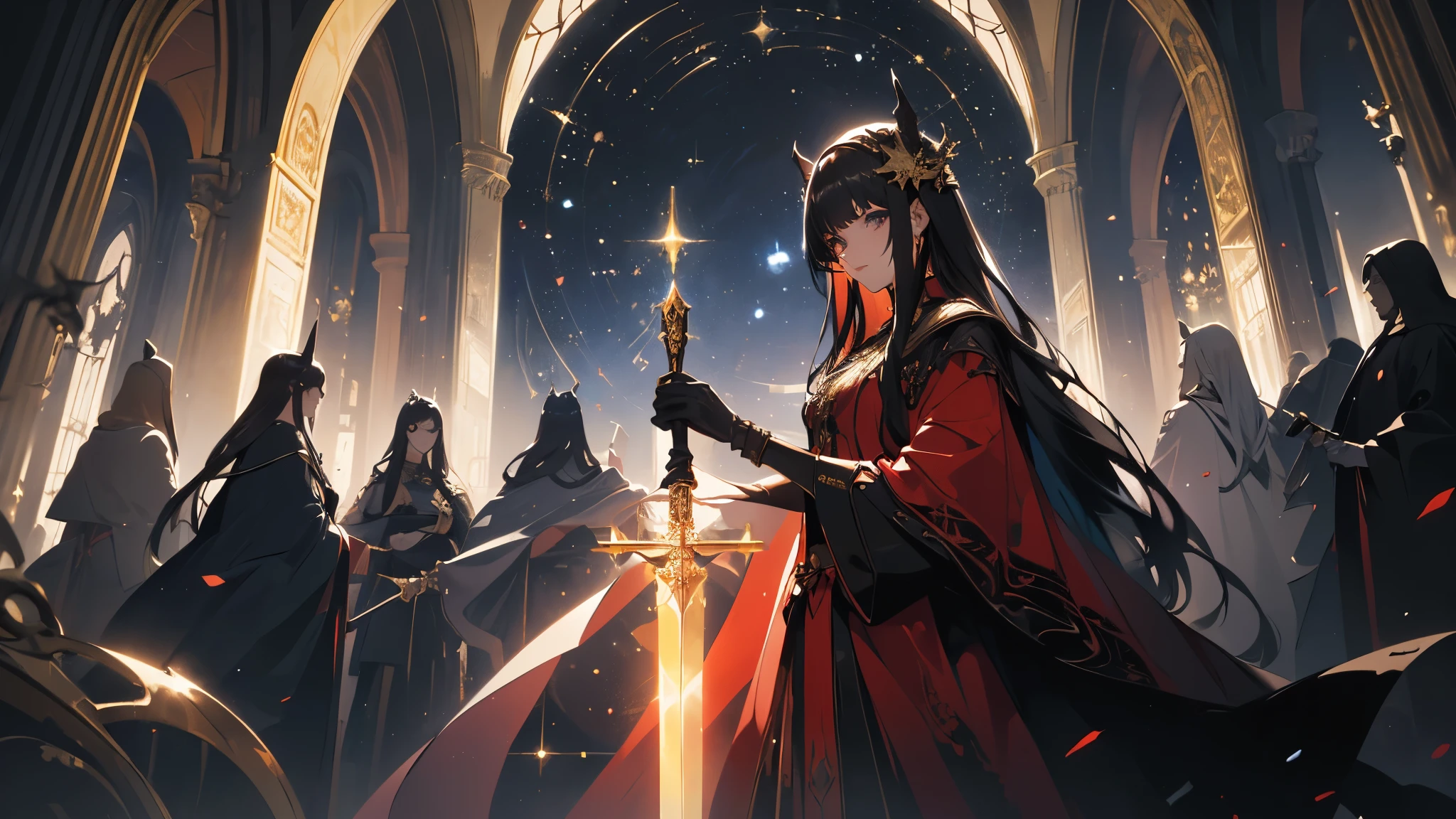 ability user, magic user, celestial, stars, moon, illuminated golden eyes, brown hair, long hair, long white cape, and red robes, black gloves, high collar with golden button, holding a weapon, holding a sword, ((( setting with sword mounts, low light and leaks))), {extremely detailed 16k CG unit wallpaper}, expansive landscape photography, (a view from below with focus on character and setting), ( wide open field view), (low angle shot), (high light: 1.2), (low light: 1.8), (warm light source: 1.2), complex details, (iridescent colors: 1.5), (bright lighting ), (atmospheric lighting), dreamy, unique,