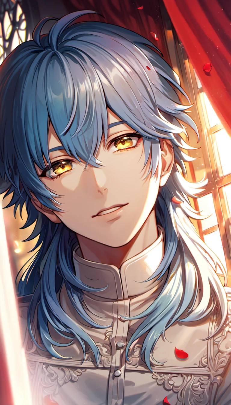 absurdres, highres, ultra detailed, HDR, master piece, best quality, perfect face, delicate features, beautiful eyes, Seragaki Aoba, blue hair, expressive yellow eyes, Dramatical Murder, solo, man, handsome, fantasy black and white clothes, red curtains, window, petals