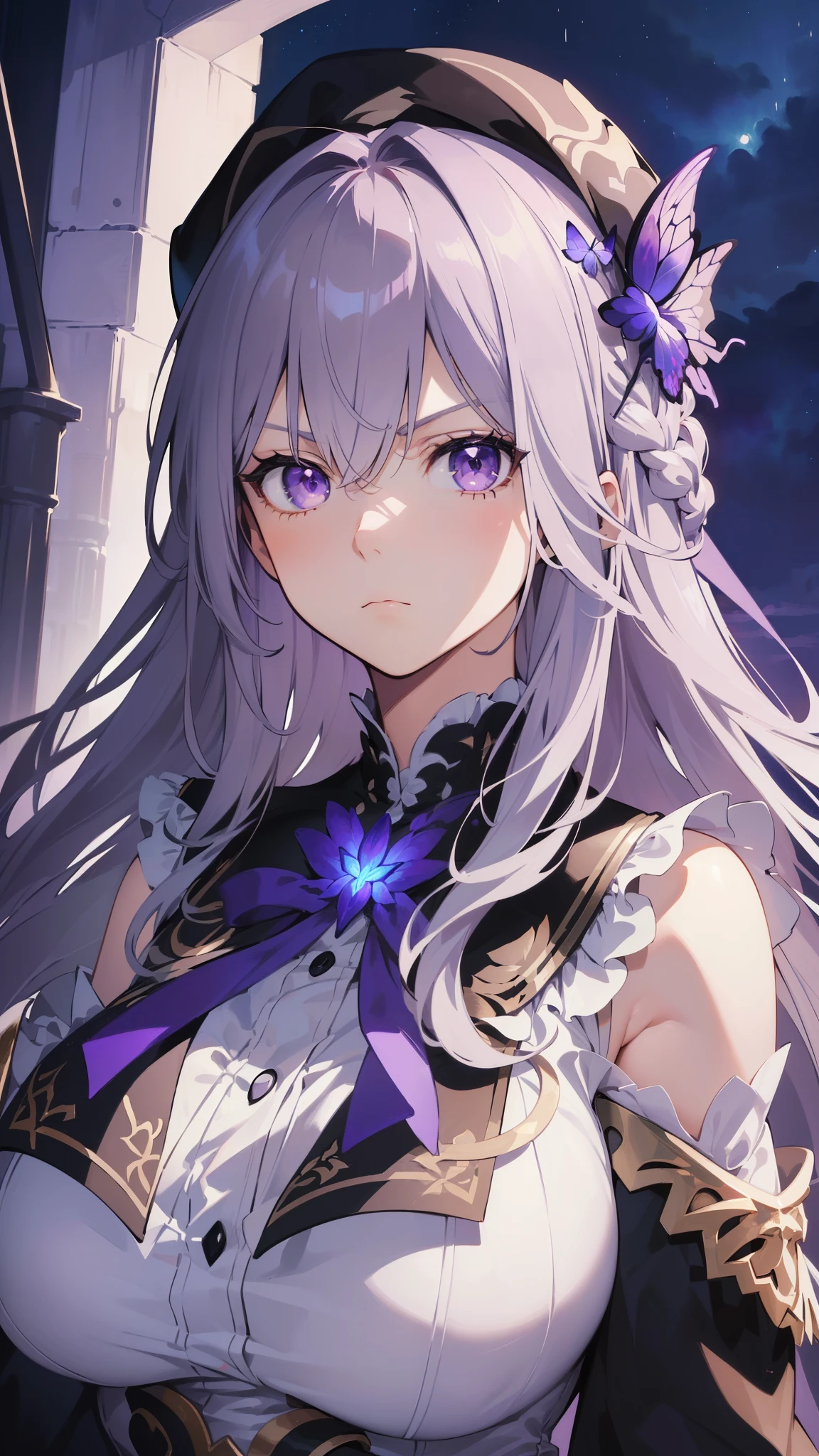 (best quality:1.3), (masterpiece:1.3), (illustration:1.3), (ultra-detailed:1.3), 1girl, solo, (((aged up, mature, tall, large breasts,))) purple eyes, white hair, long hair, white dress, black coat, black beret, serious expression, angry expression, looking at viewer, purple flower, hair ornament, french braid, night sky, glowing purple butterfly,