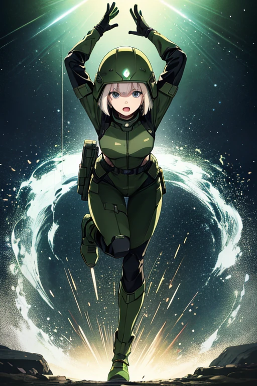 Anime Art、Full body portrait、Space Sci-Fi Soldier、A Russian woman, about 170cm tall, around 28 years old, wearing dark green body armor, running in a leaning forward position、Open mouth and screaming、Platinum blonde bob cut、Dark green eyes、gloveilitary boots、Wearing a dark green helmet