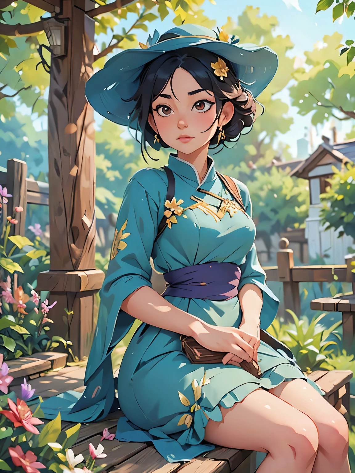 painting of a woman in a dress and hat sitting in a garden, artwork in the style of guweiz, ”beautiful anime woman, beautiful character painting, beautiful anime portrait, by Yang J, made with anime painter studio, guweiz on artstation pixiv, beautiful anime woman, guweiz on pixiv artstation, beautiful anime art, by Ni Tian