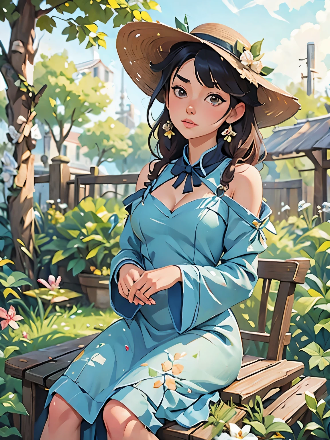 painting of a woman in a dress and hat sitting in a garden, artwork in the style of guweiz, ”beautiful anime woman, beautiful character painting, beautiful anime portrait, by Yang J, made with anime painter studio, guweiz on artstation pixiv, beautiful anime woman, guweiz on pixiv artstation, beautiful anime art, by Ni Tian