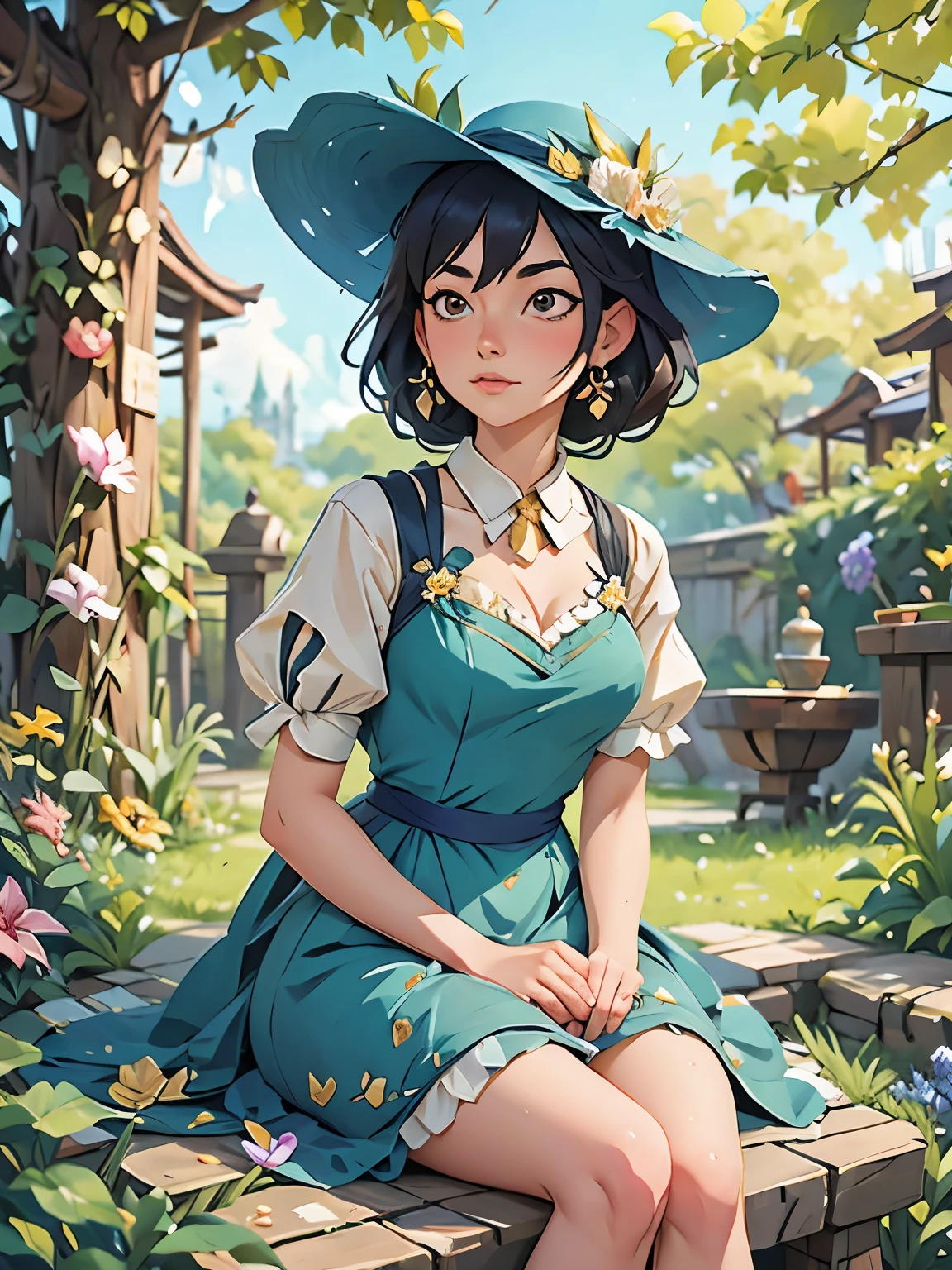 painting of a woman in a dress and hat sitting in a garden, an anime drawing by Yang J, Artstation, fantasy art, artwork in the style of guweiz, ”beautiful anime woman, beautiful character painting, beautiful anime portrait, made with anime painter studio, guweiz on artstation pixiv, beautiful anime woman