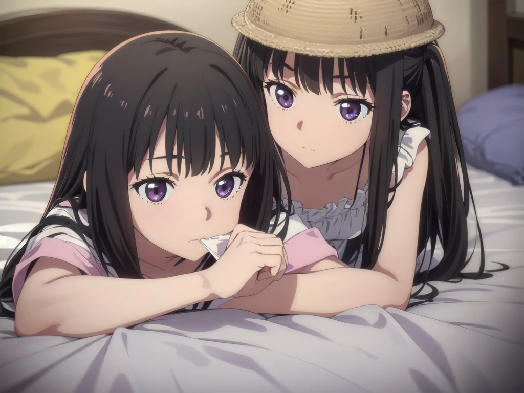 (masterpiece, Highest quality), One girl, Yunyun,Long Hair,Braiding,Twin tails,Hair between the eyes,Red hair ribbon,hair ornaments,large round breasts,、Red Eyes、Black Hair、(blush)、Young face、(Sleeping with both eyes closed:1.2)、((Yellow pajamas with bare shoulders))、(Lying in bed:1.2)