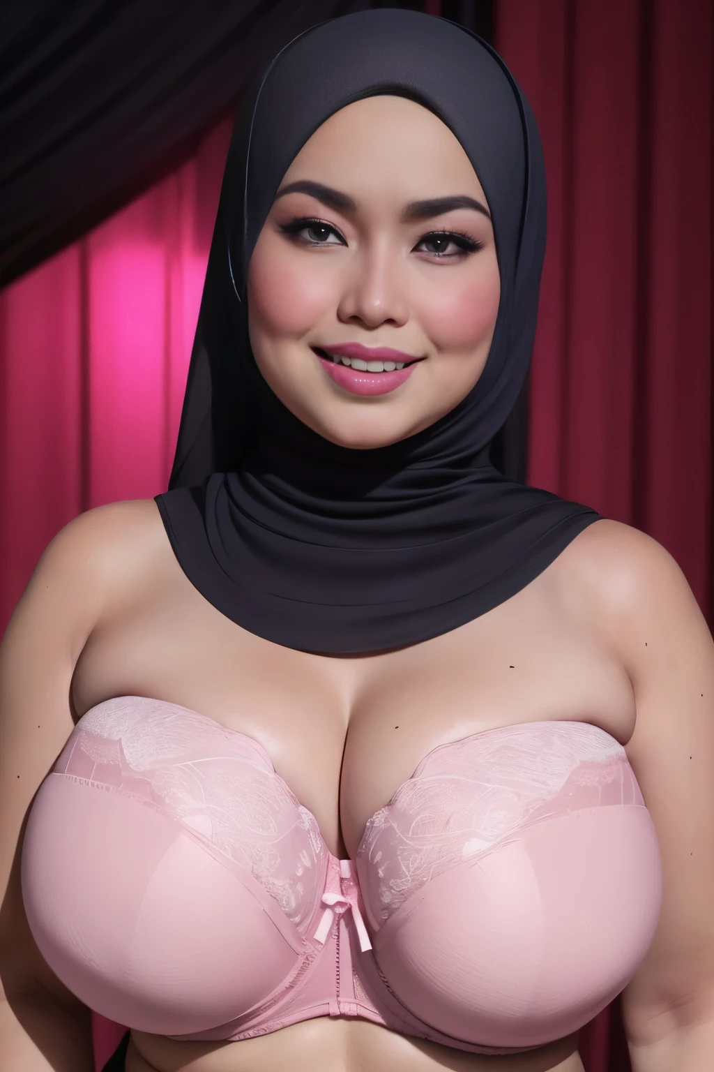 ((SATIN)), ((Saggy breasts:1.7)), ((Gigantic tits:1.7)), (from behind up) seductive pose, ((Thin:1.5)), (Happy smile), (((HIJAB MALAY GIRL))), masutepiece, High quality, UHD 32K, Realistic face, Realistic skin feeling , A Japanese Lady, 58 years old matured lady, (((FLAT CHEST))), (Night time at forest), ((look In front at the camera and SADNESS)), (((PINK FLUORESCENT & PINK FLUORESCENT))), ((PINK FLUORESCENT LIPS)), ((Floral Pattern)), ((wearing strapless lingerie bra)), dark night background , black forest night, horror scary place, ((saggy bra:1.5)), ((chubby:1.4))